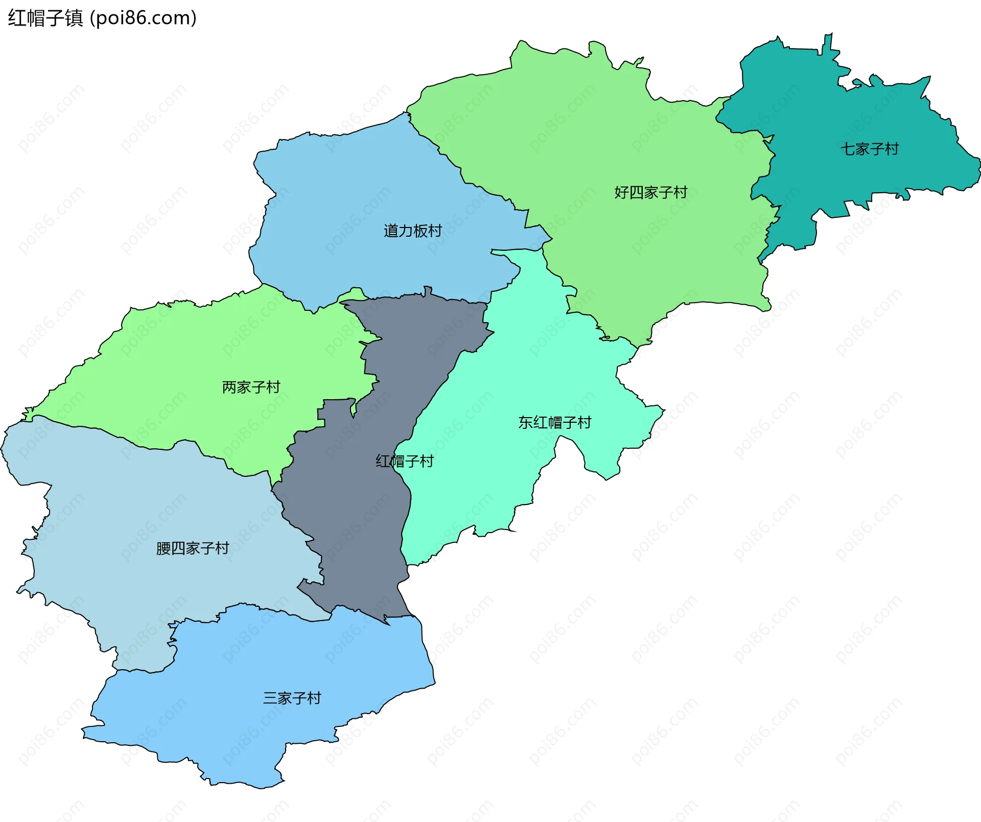红帽子镇边界地图(五级行政区划)
