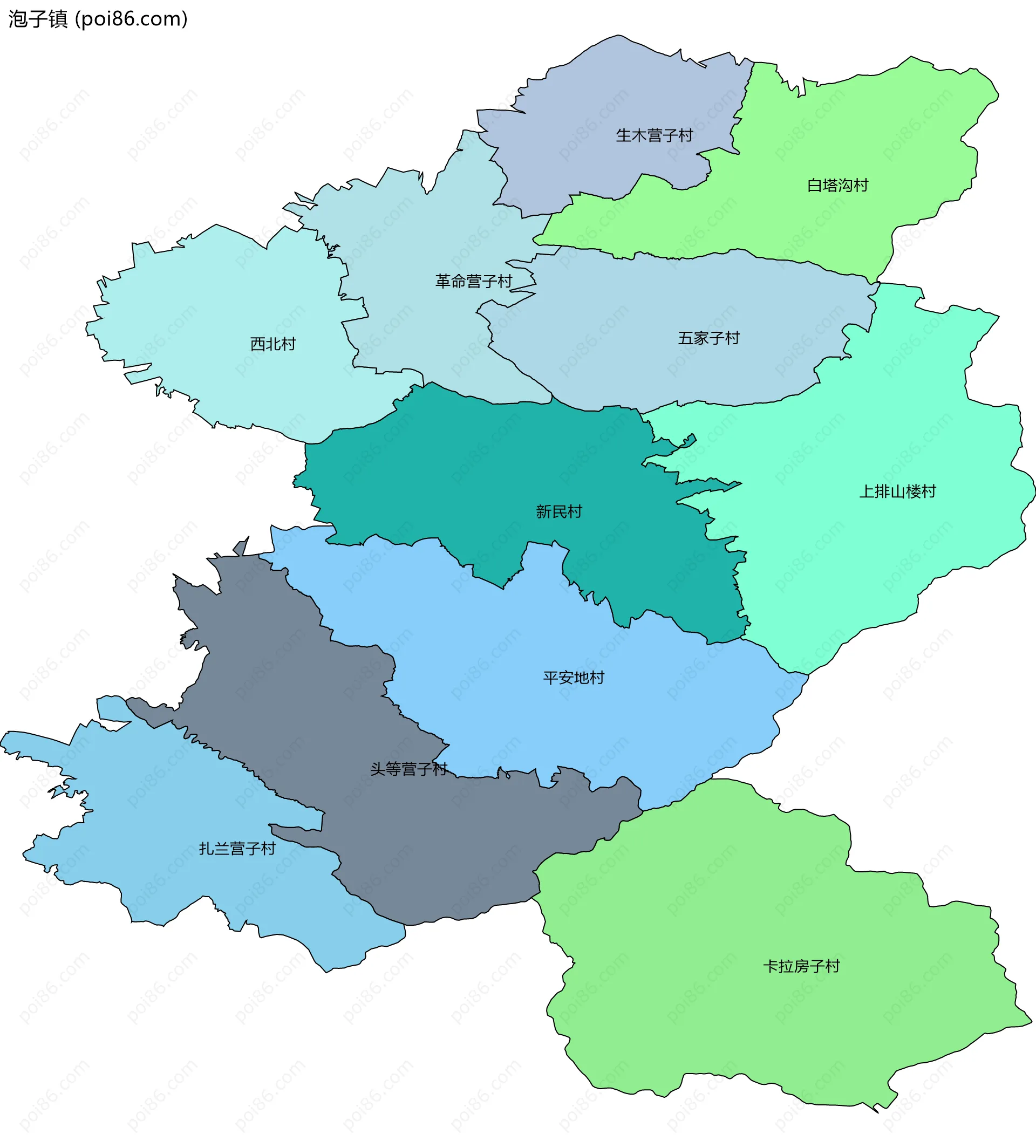 泡子镇边界地图(五级行政区划)