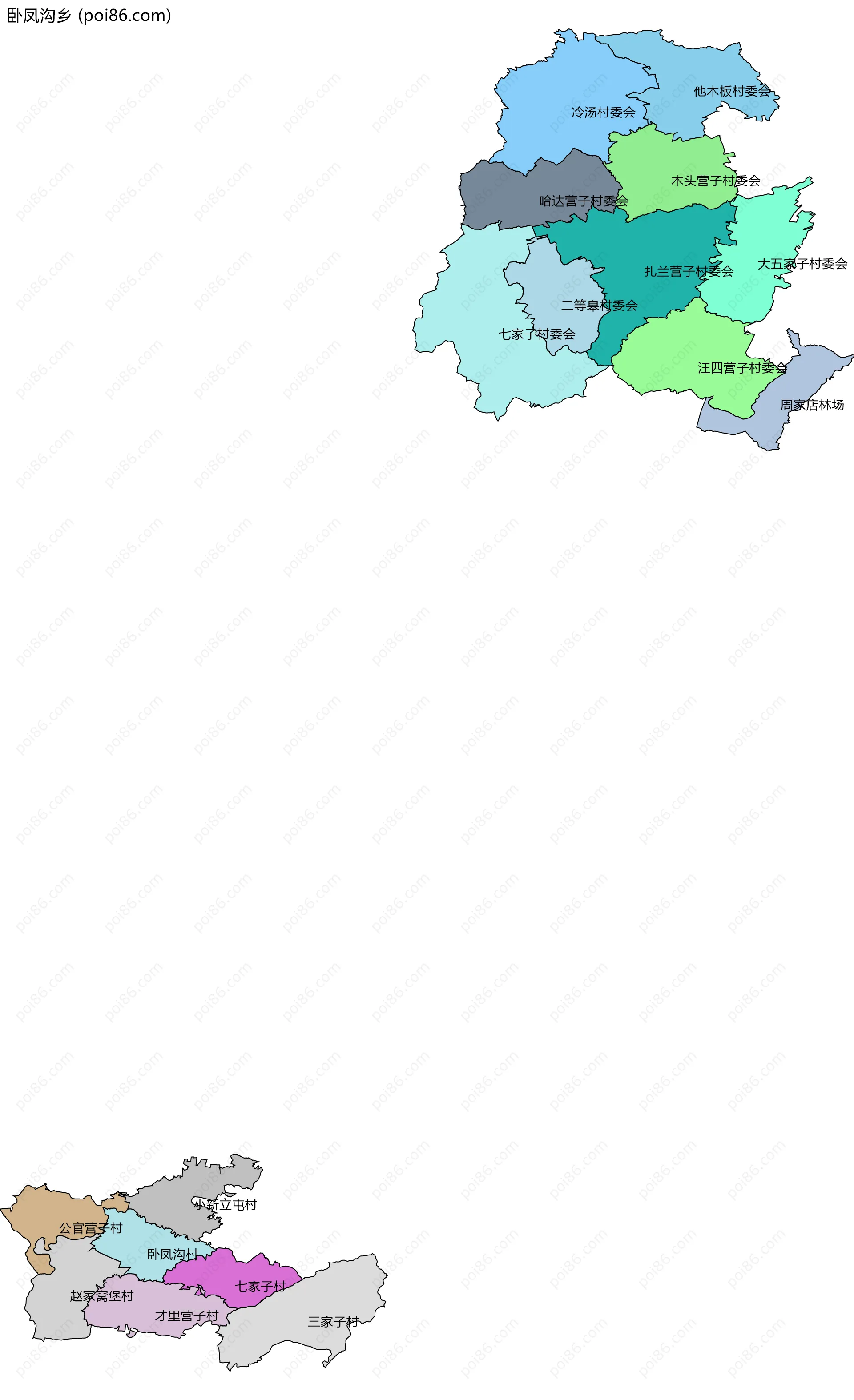 卧凤沟乡边界地图(五级行政区划)