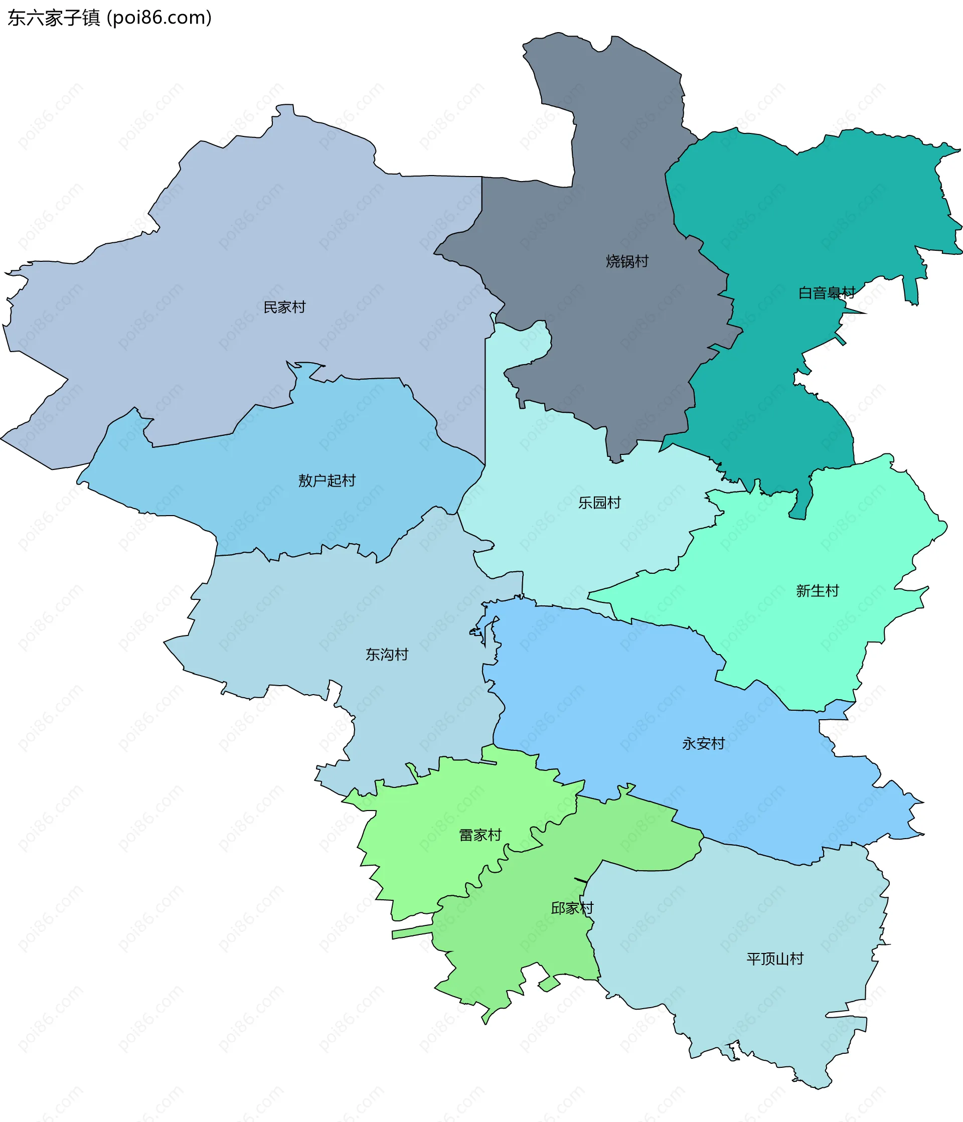 东六家子镇边界地图(五级行政区划)