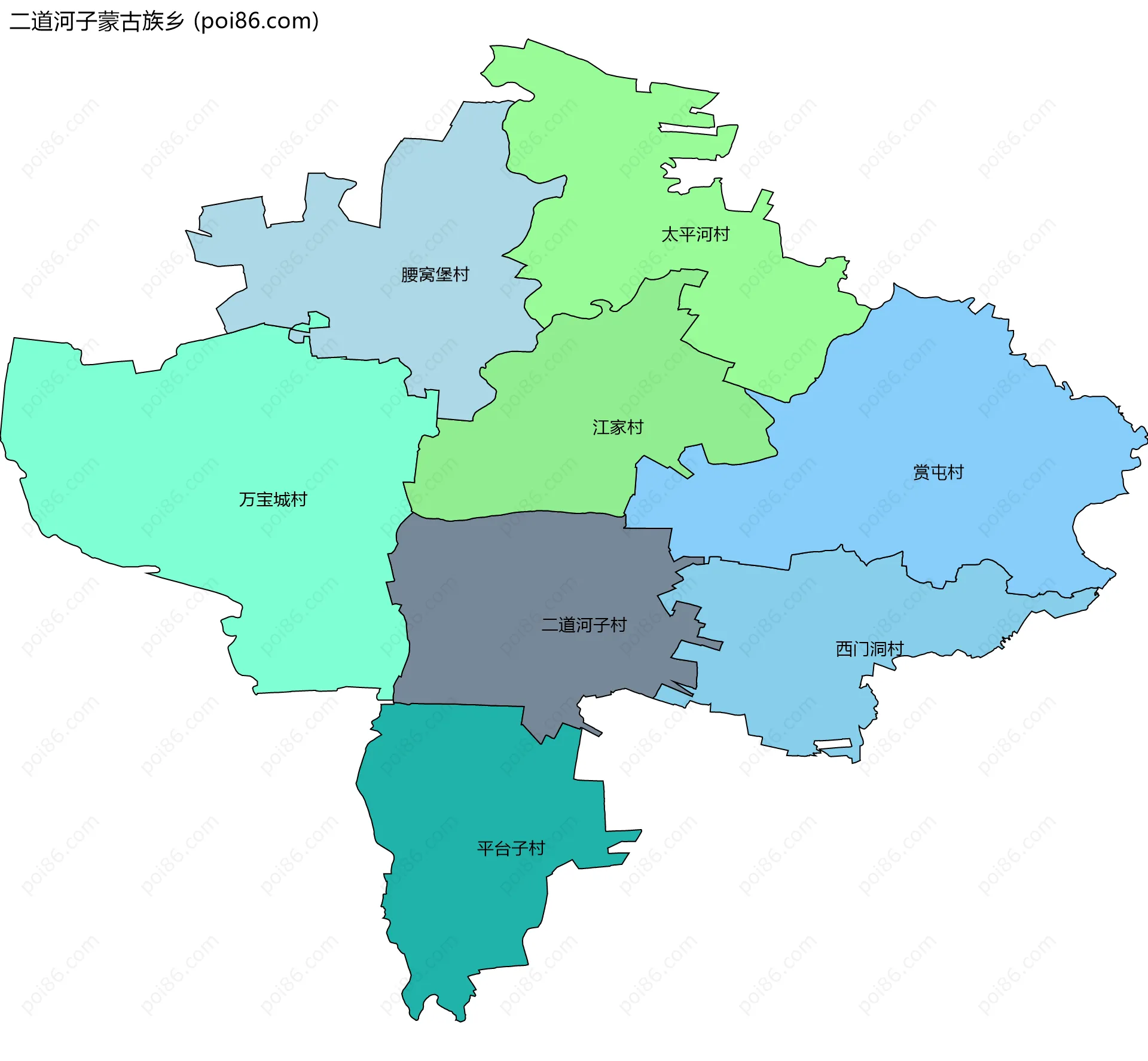 二道河子蒙古族乡边界地图(五级行政区划)
