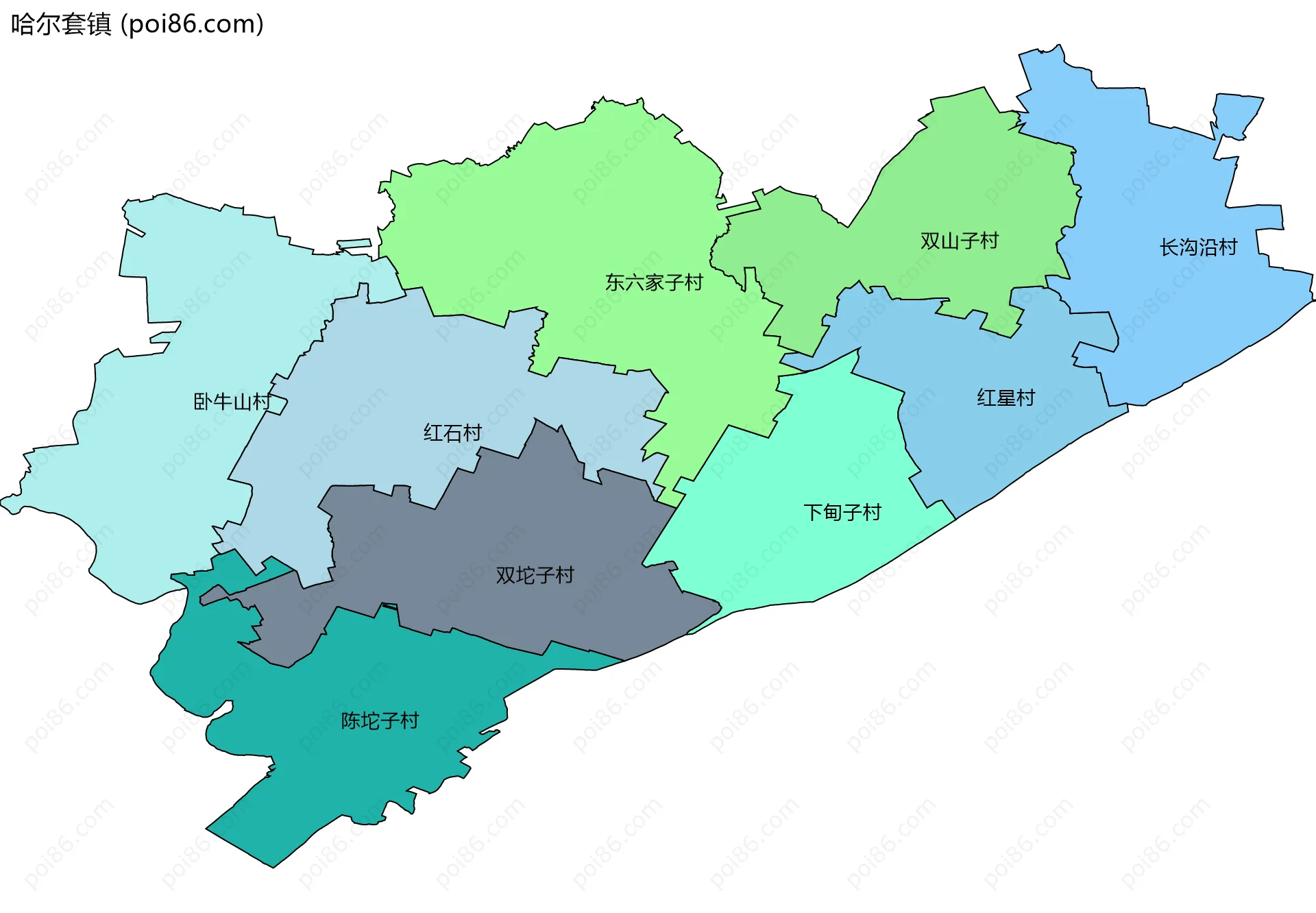 哈尔套镇边界地图(五级行政区划)