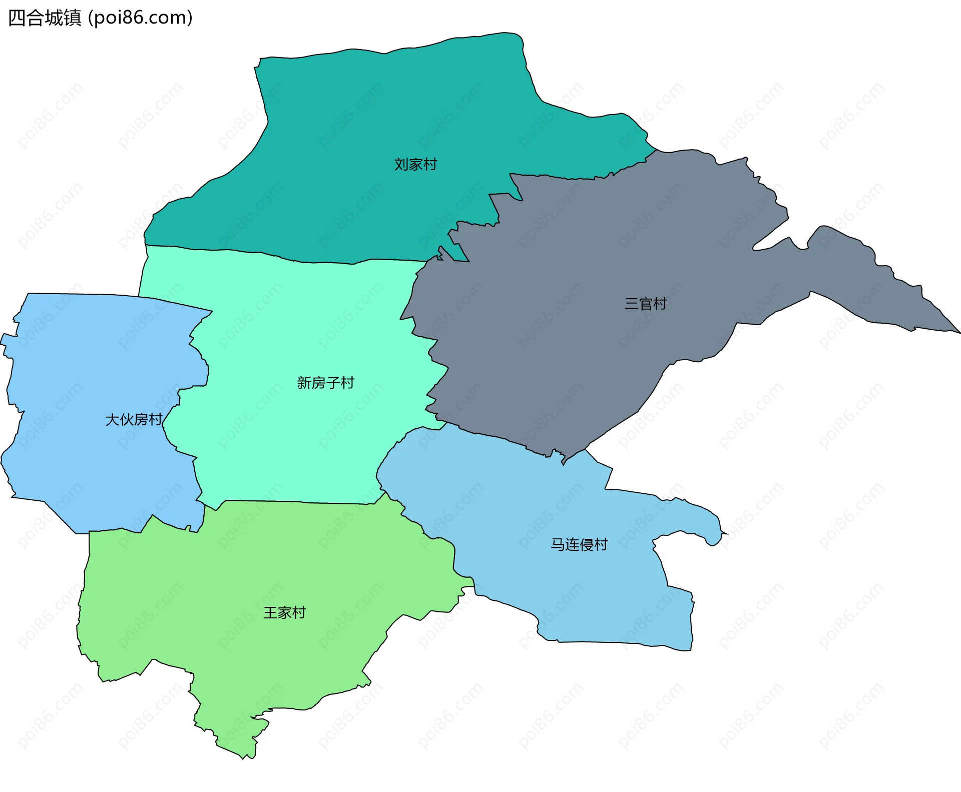 四合城镇边界地图(五级行政区划)