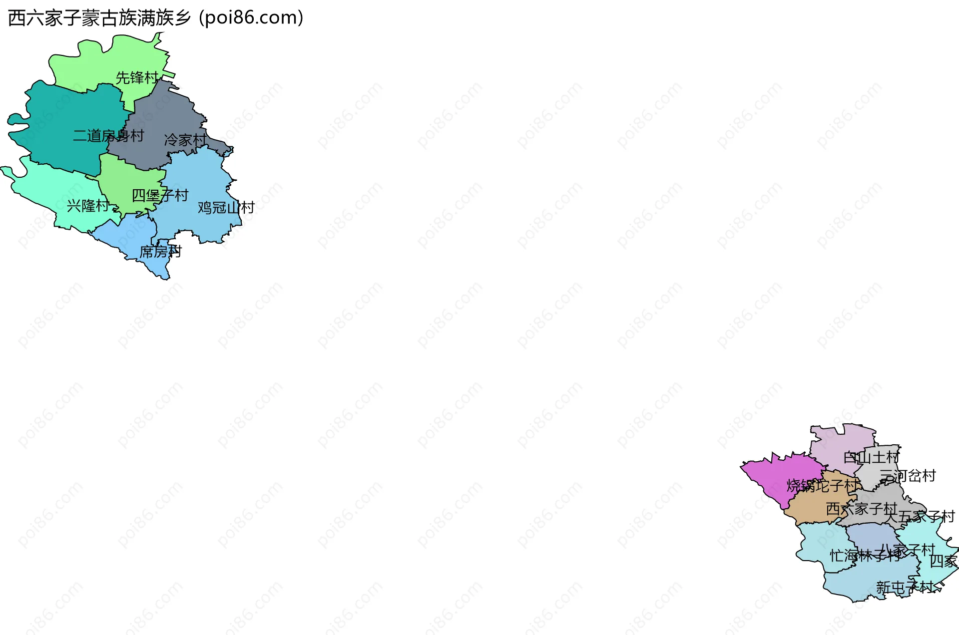 西六家子蒙古族满族乡边界地图(五级行政区划)