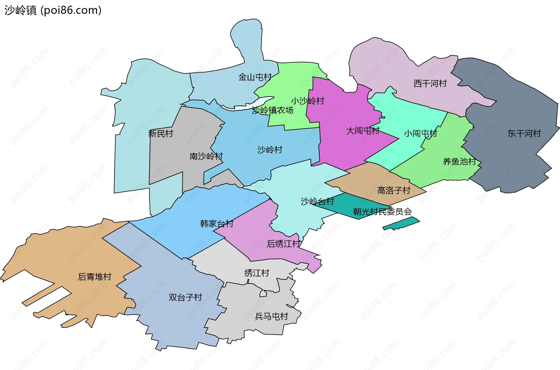 沙岭镇边界地图(五级行政区划)