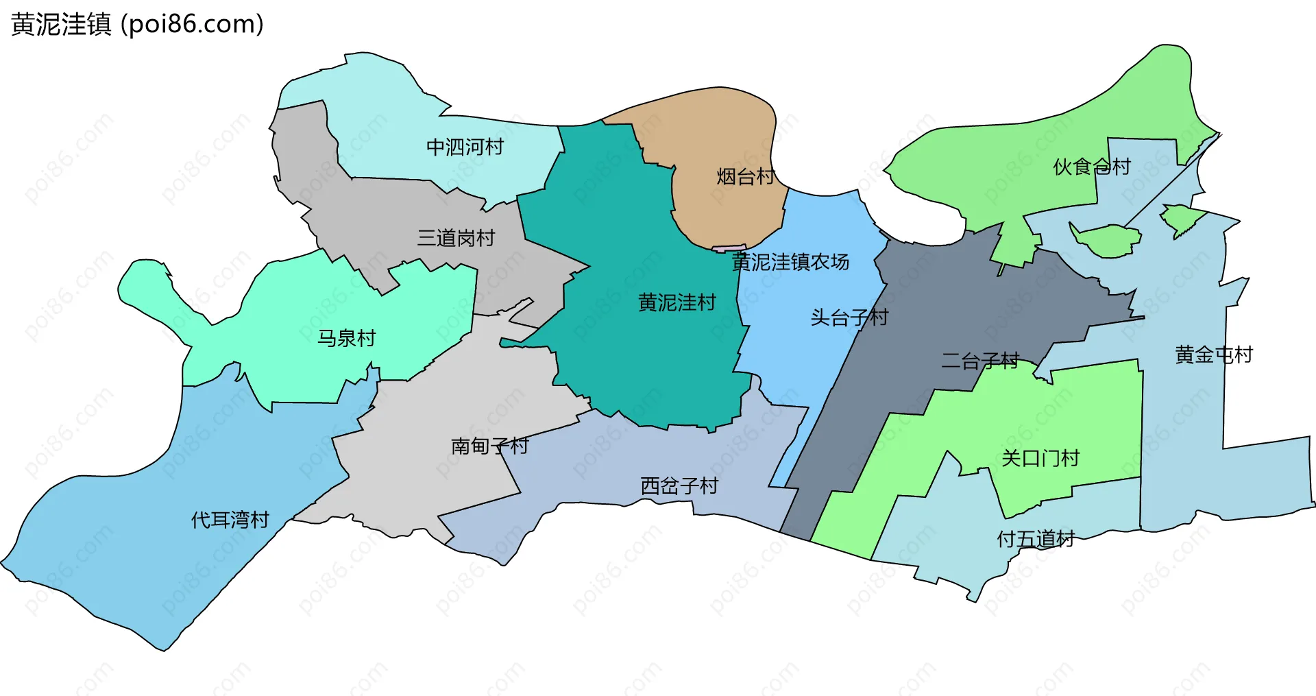 黄泥洼镇边界地图(五级行政区划)
