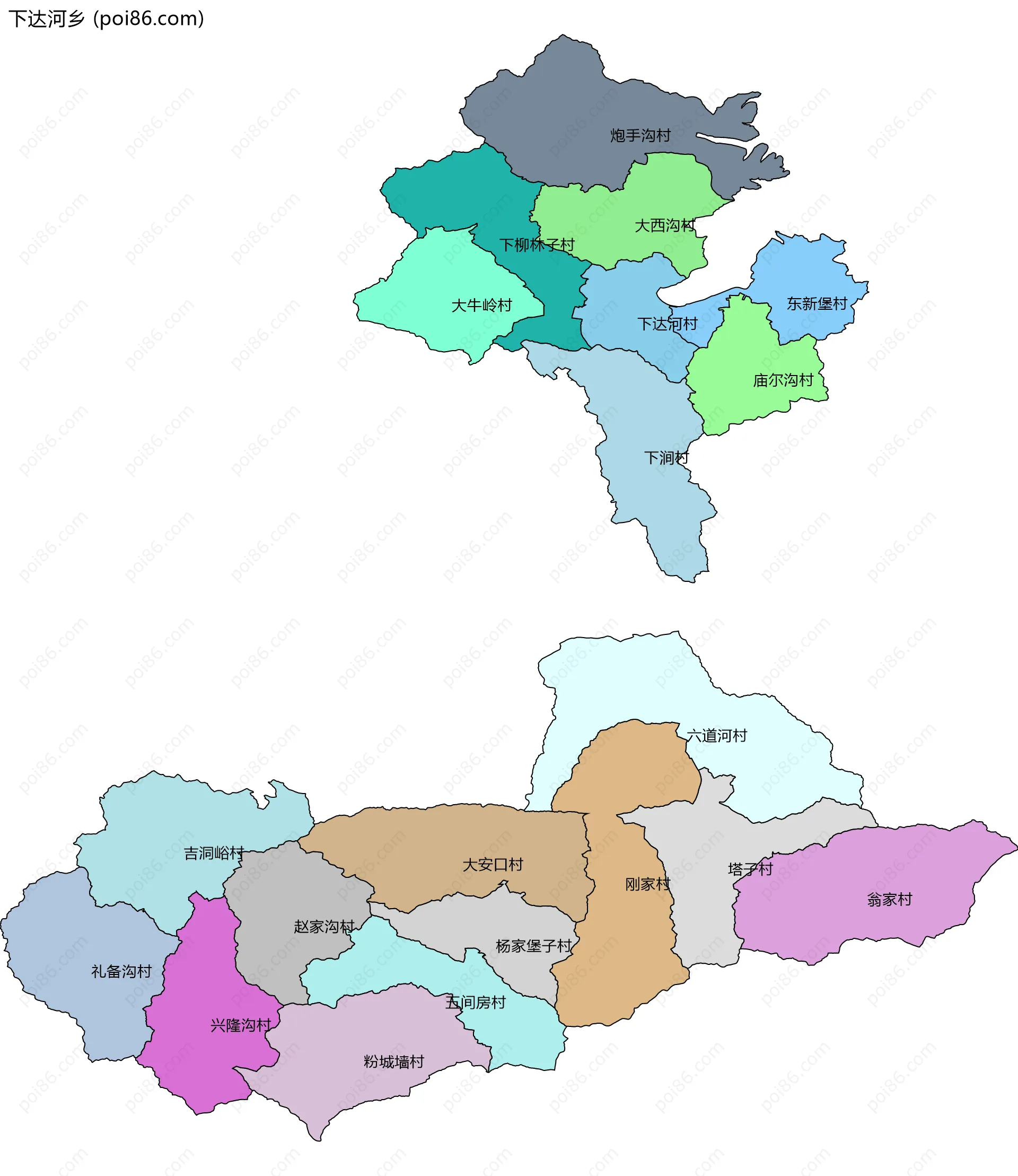 下达河乡边界地图(五级行政区划)