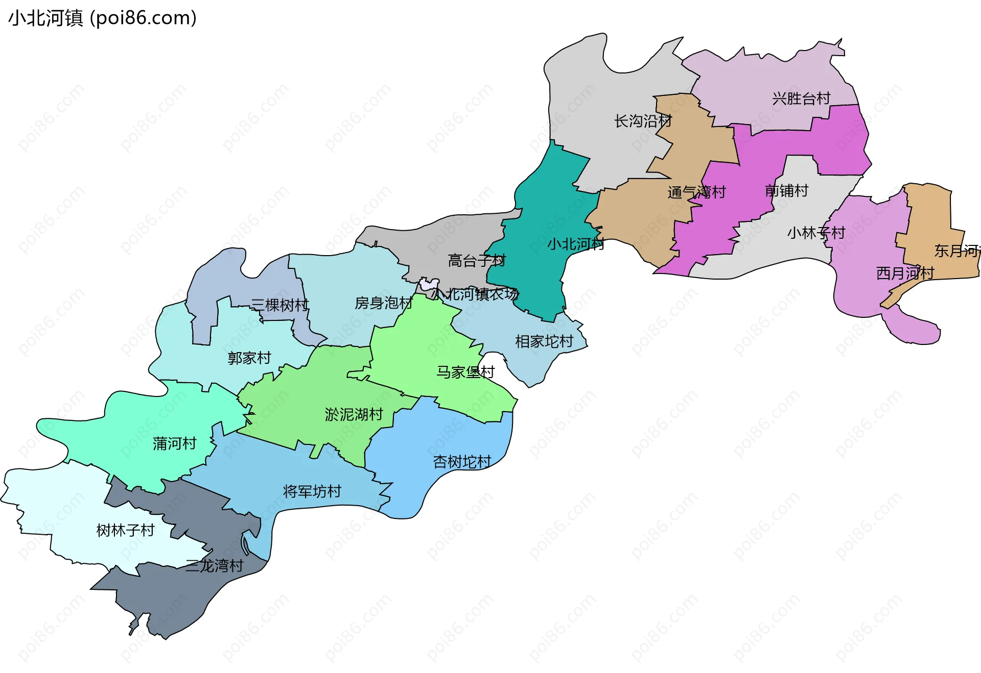 小北河镇边界地图(五级行政区划)