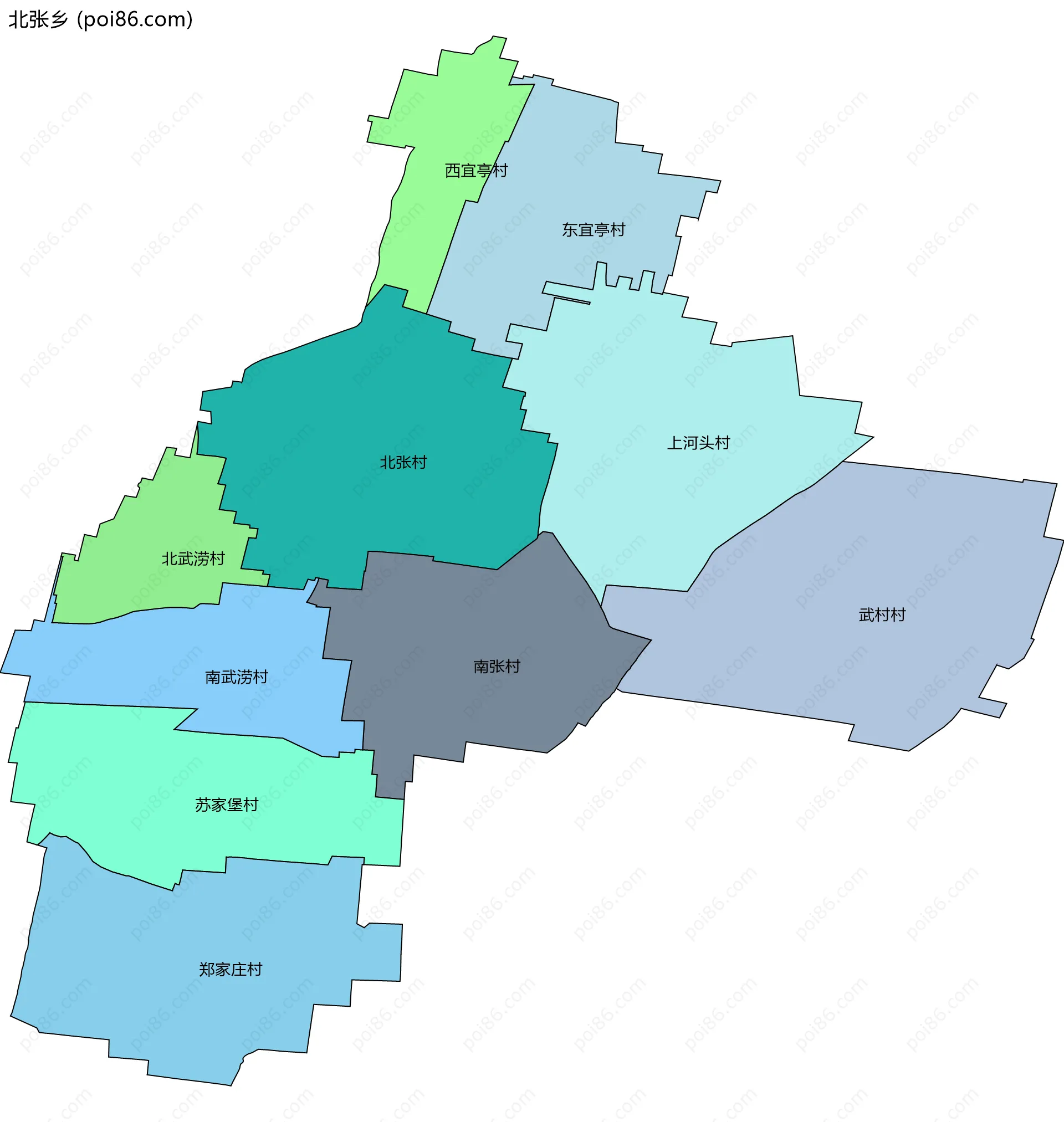北张乡边界地图(五级行政区划)