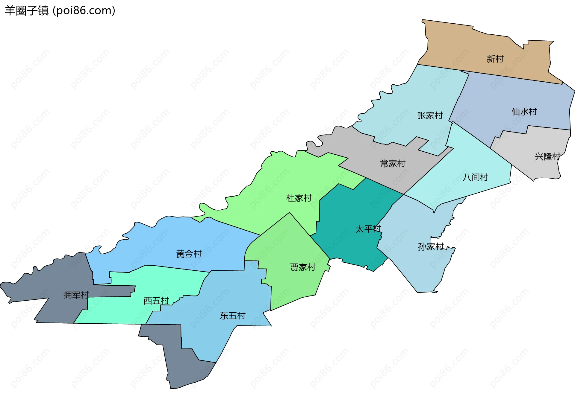 羊圈子镇边界地图(五级行政区划)
