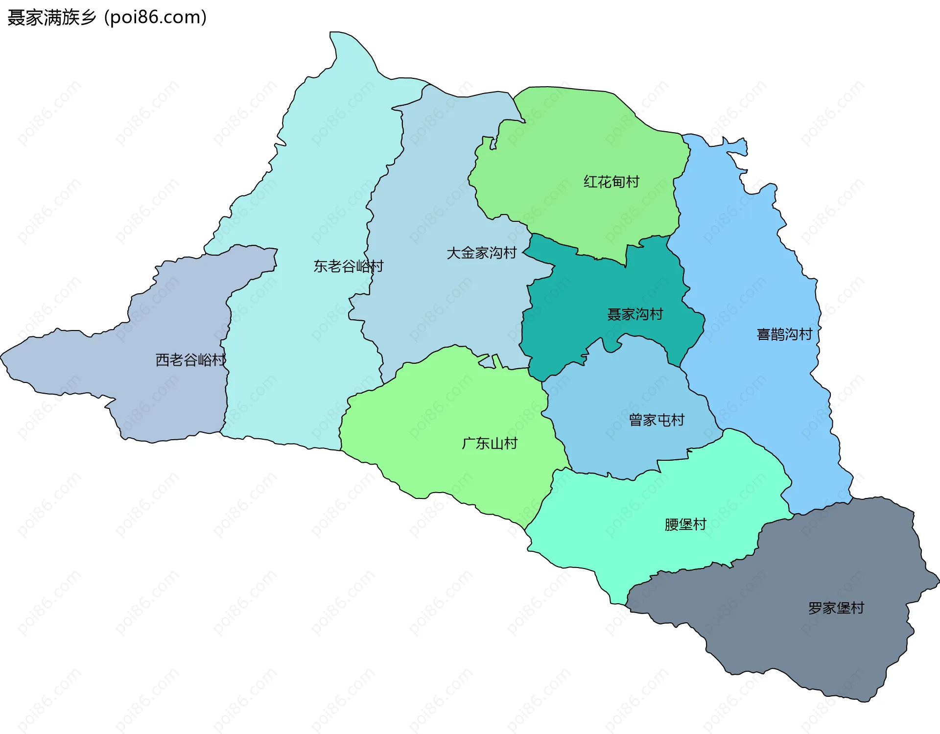 聂家满族乡边界地图(五级行政区划)