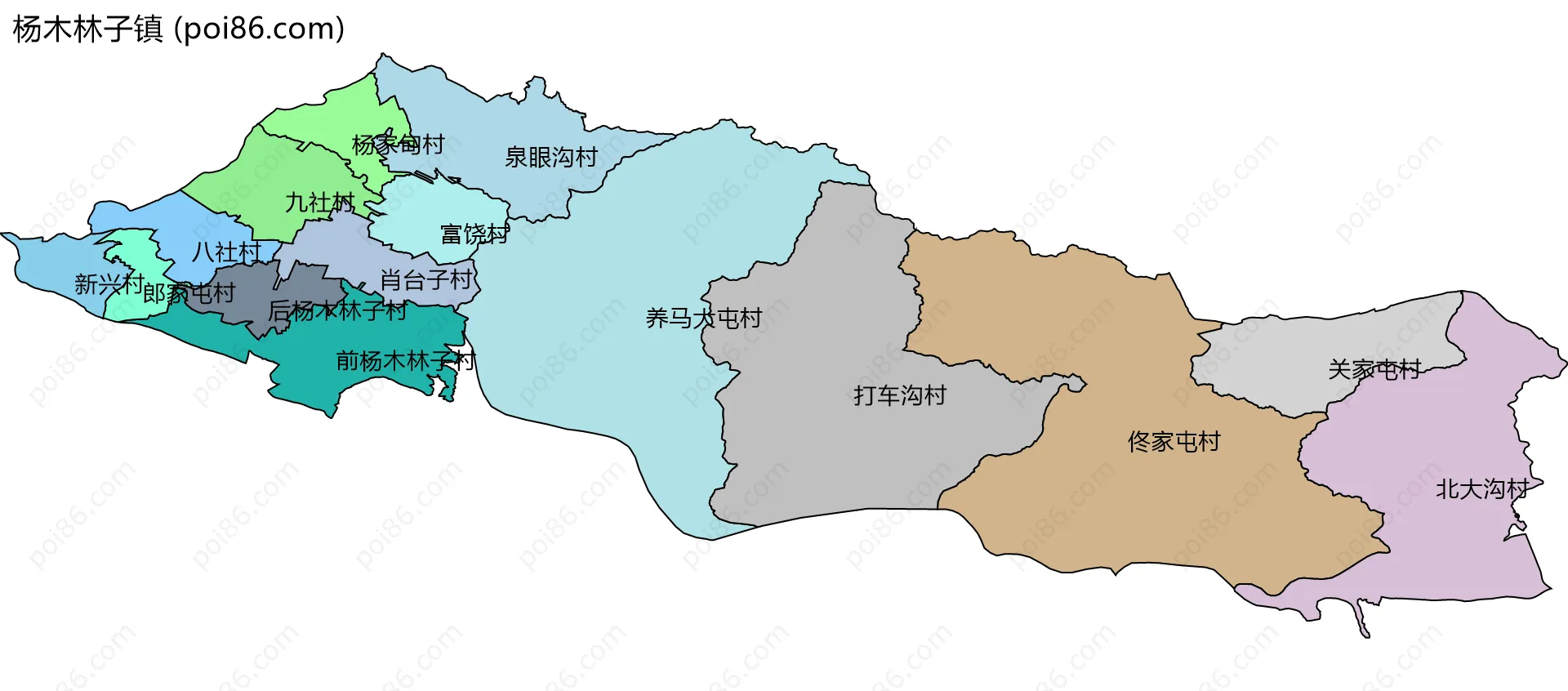 杨木林子镇边界地图(五级行政区划)