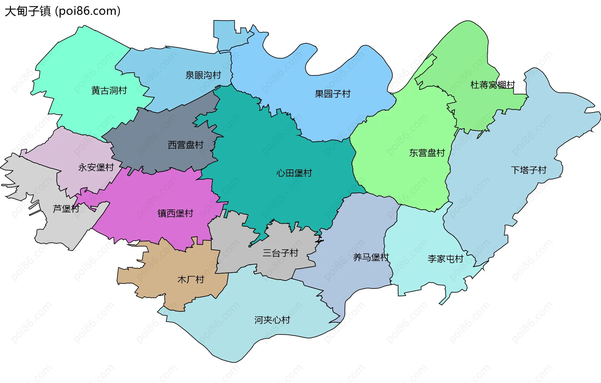 大甸子镇边界地图(五级行政区划)