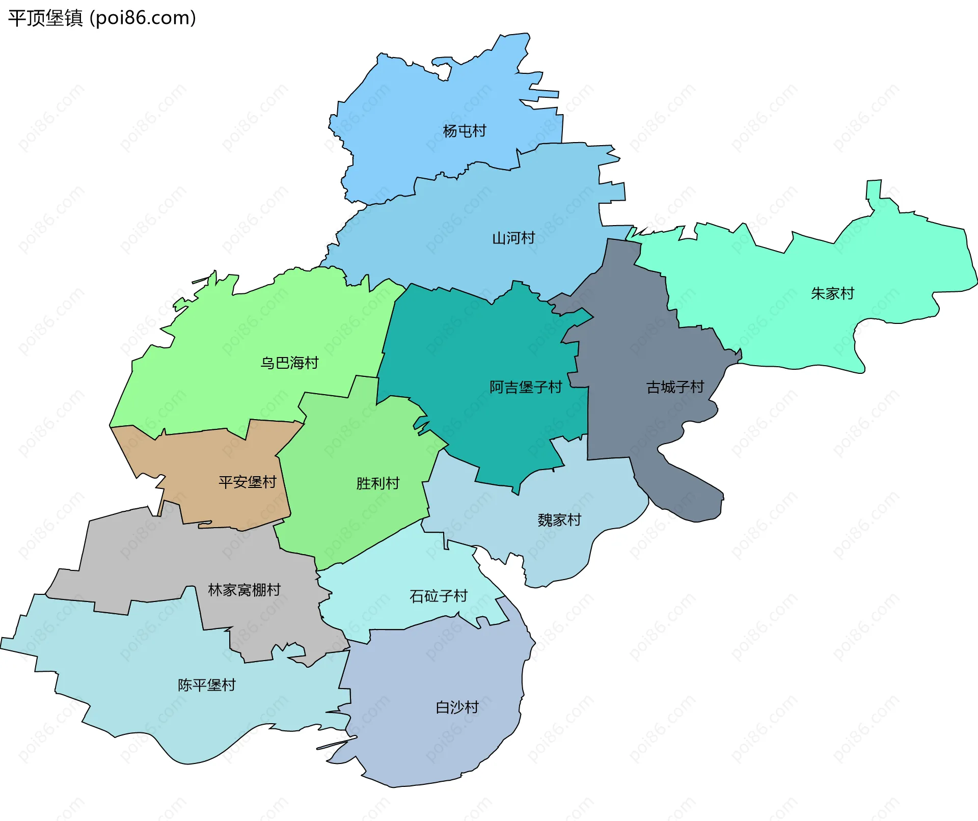 平顶堡镇边界地图(五级行政区划)