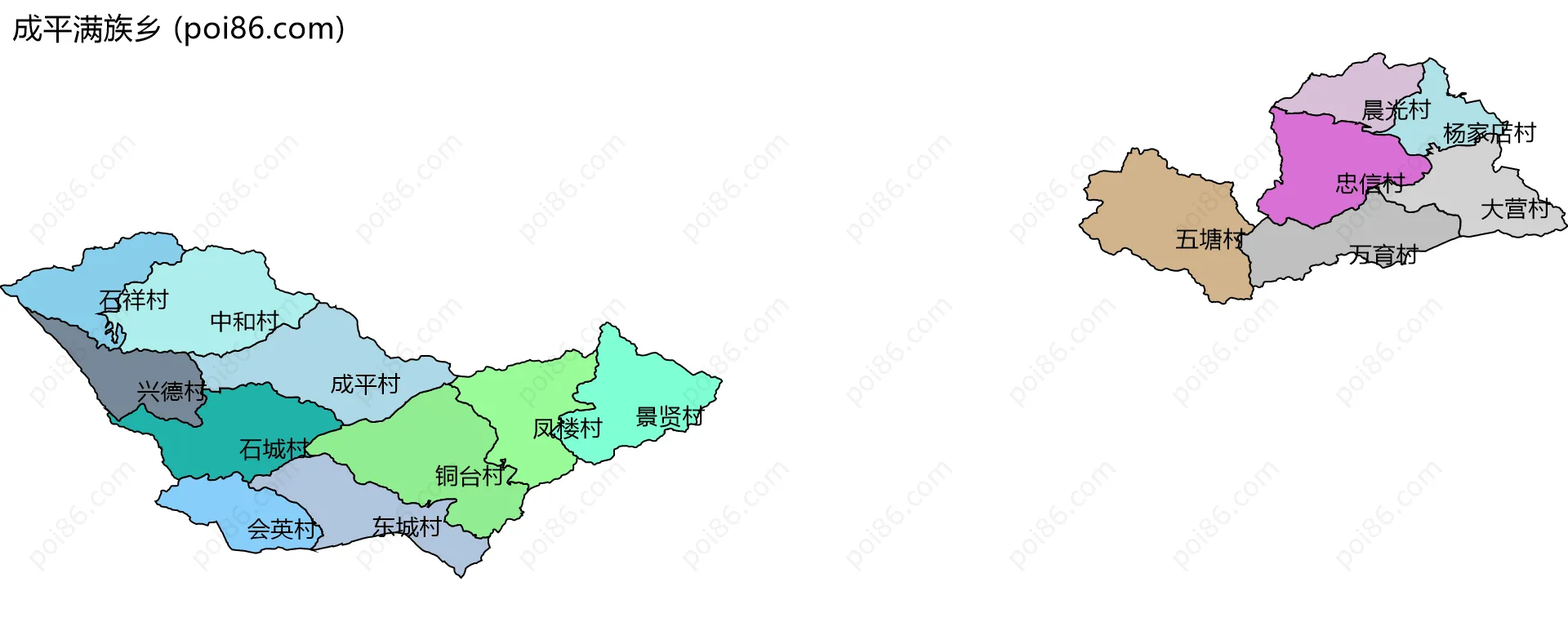 成平满族乡边界地图(五级行政区划)