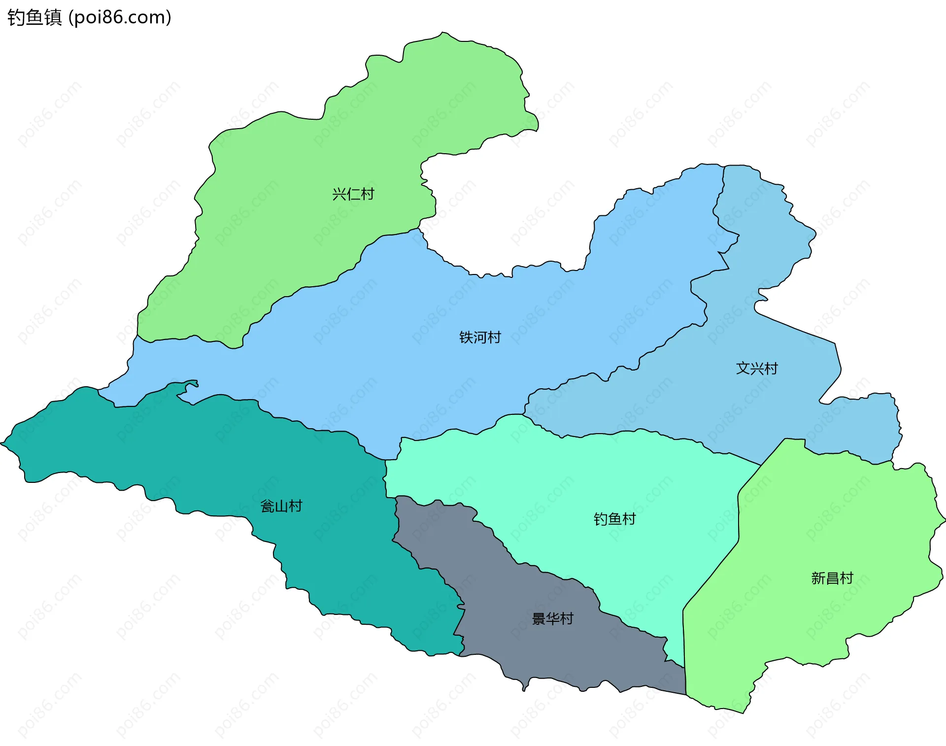 钓鱼镇边界地图(五级行政区划)