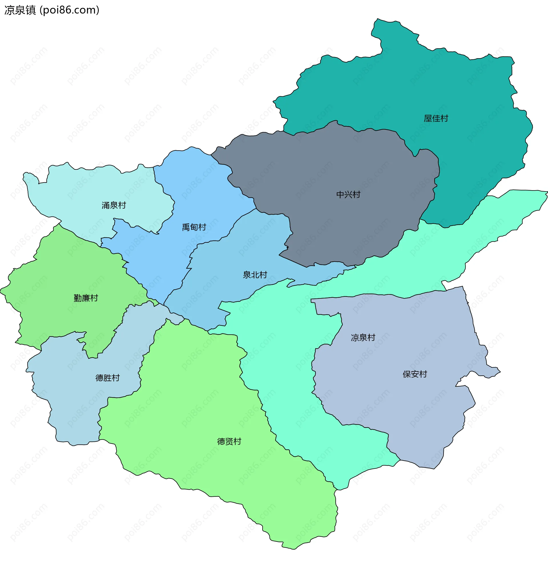 凉泉镇边界地图(五级行政区划)