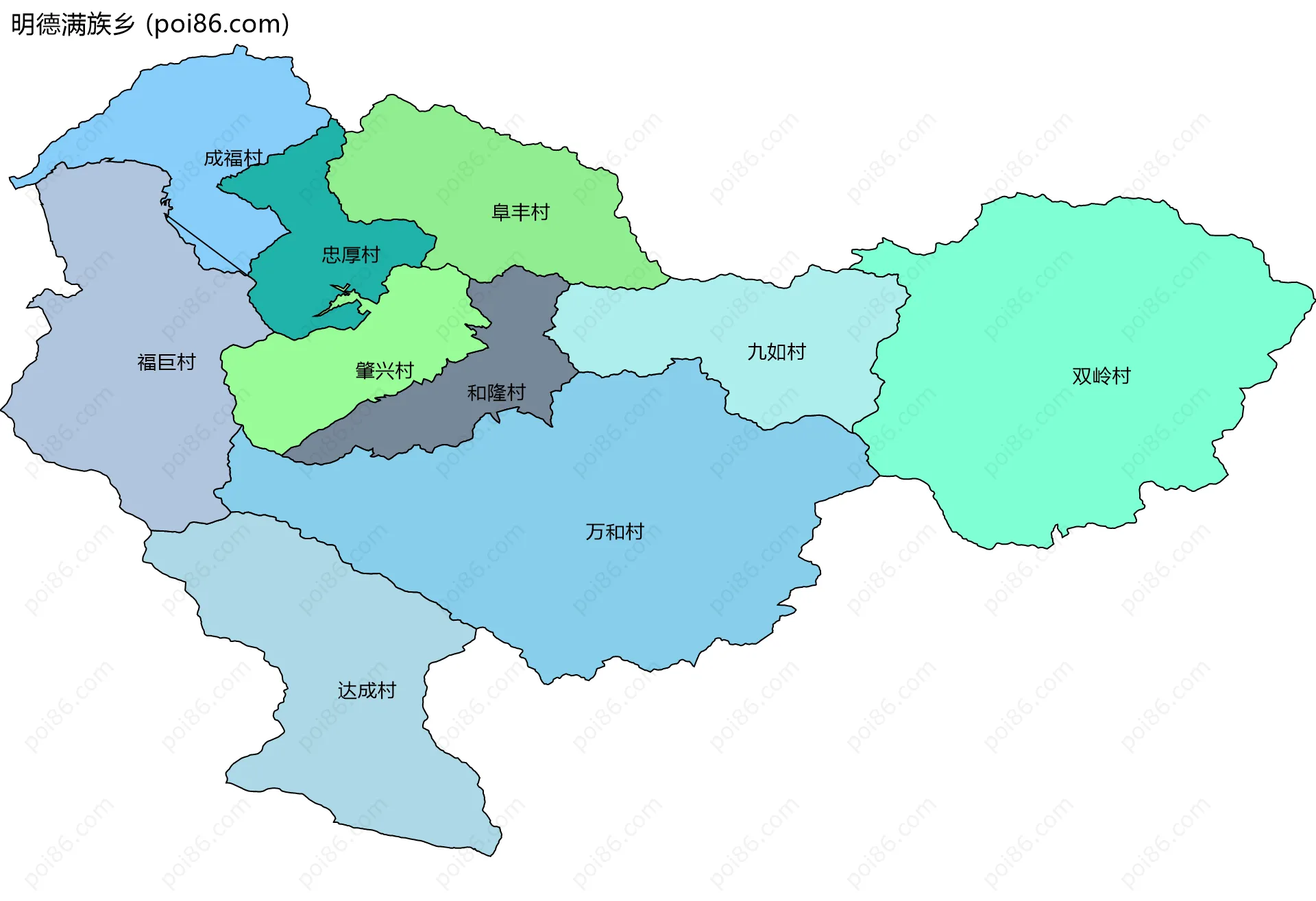 明德满族乡边界地图(五级行政区划)