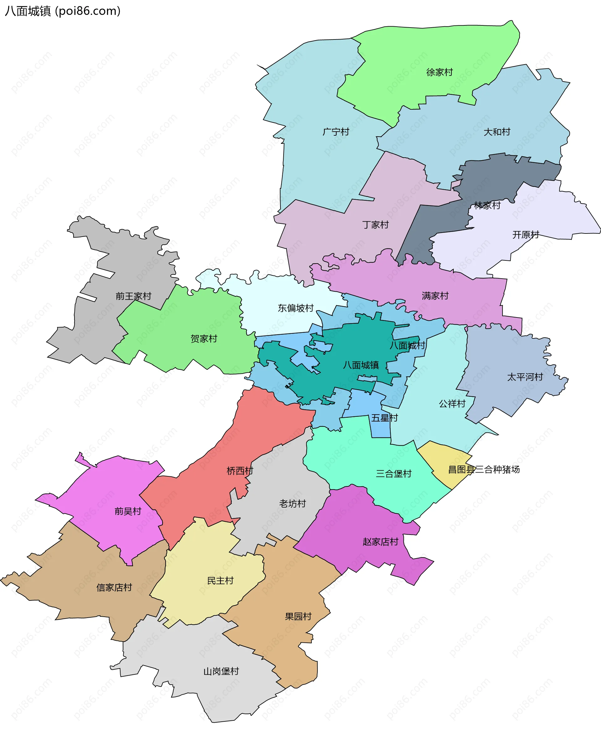 八面城镇边界地图(五级行政区划)