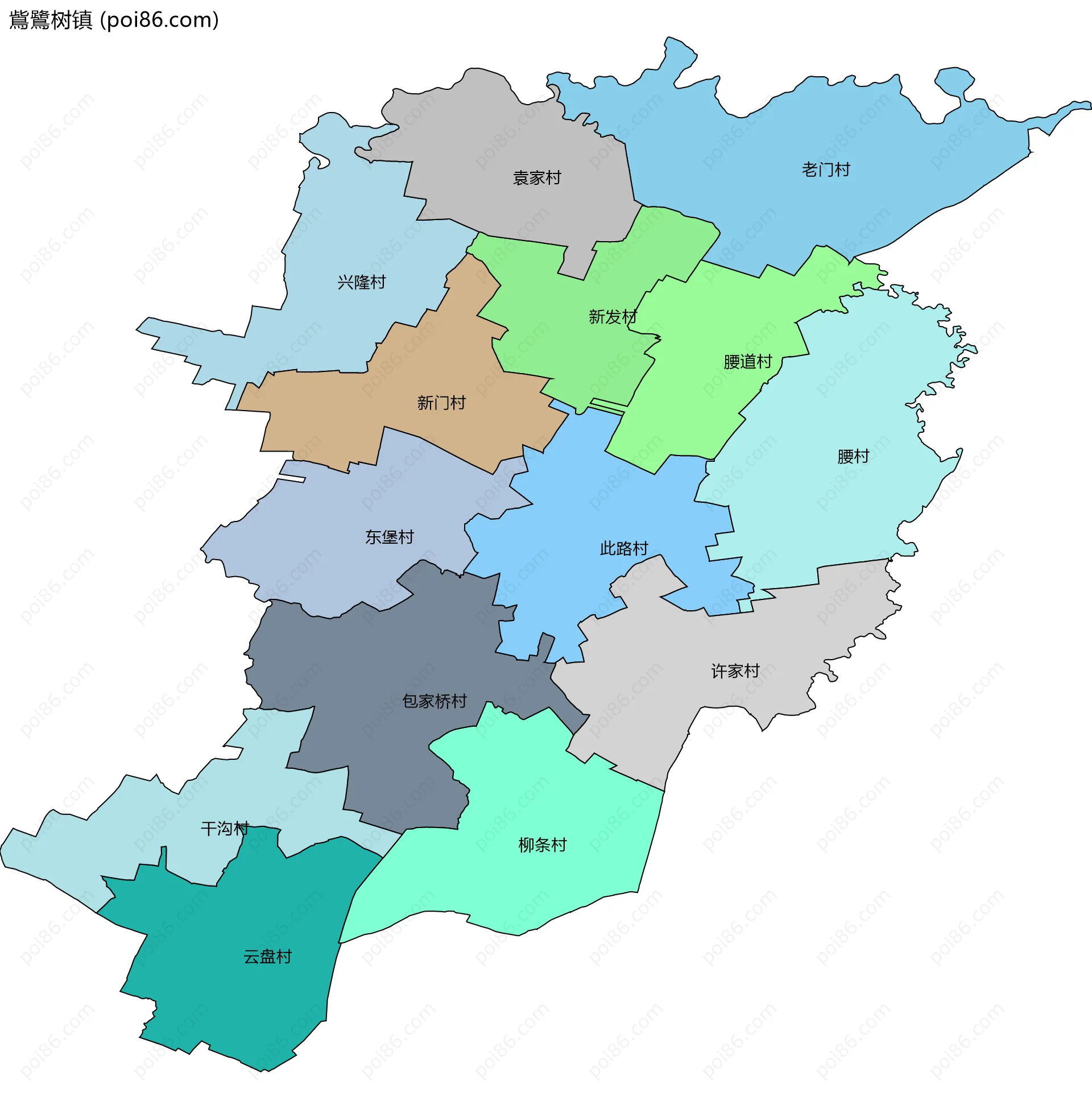 鴜鷺树镇边界地图(五级行政区划)