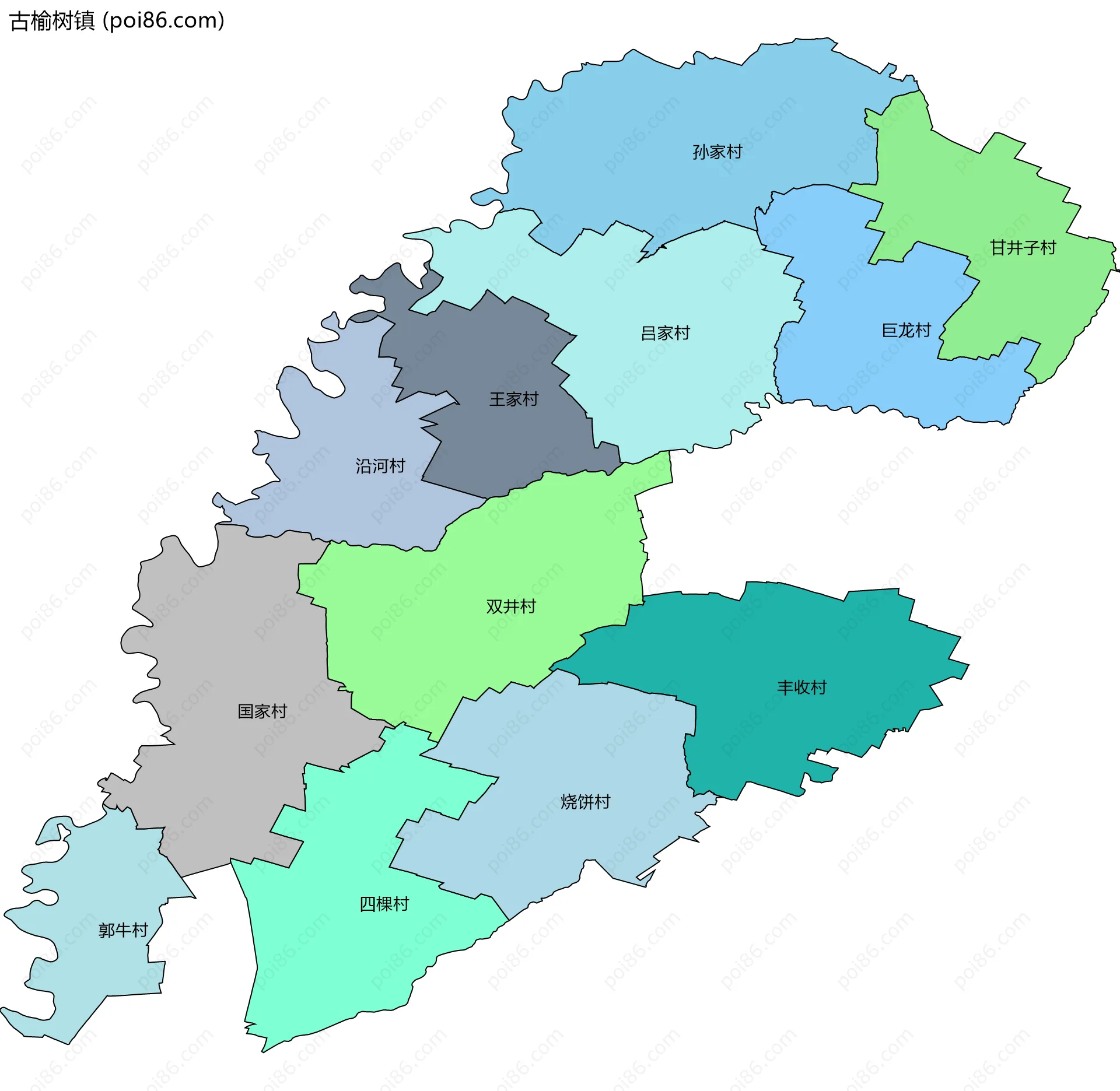 古榆树镇边界地图(五级行政区划)