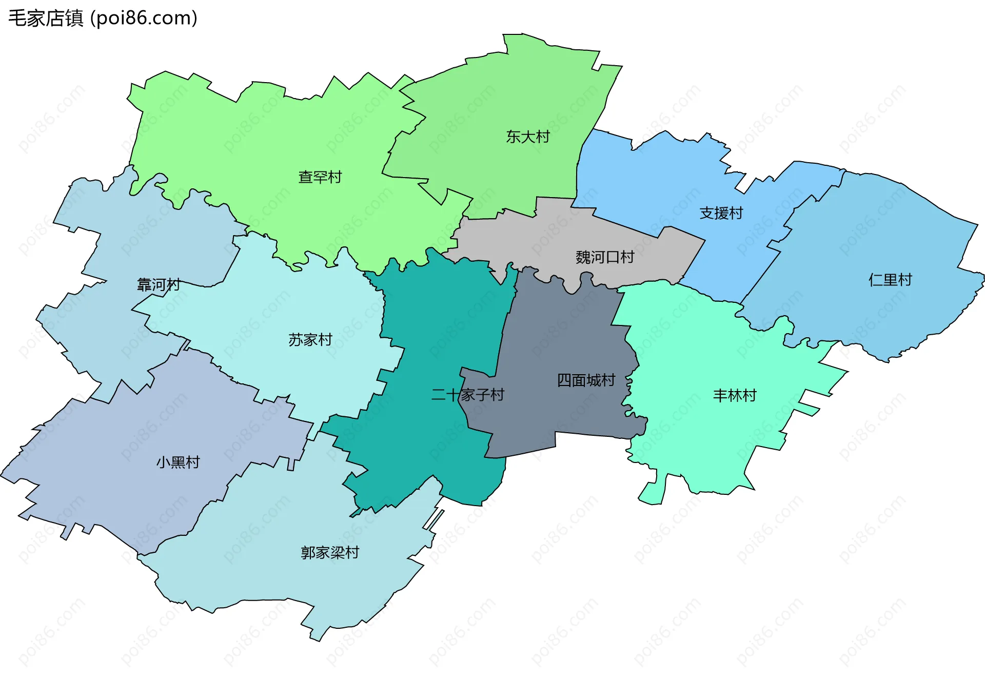 毛家店镇边界地图(五级行政区划)