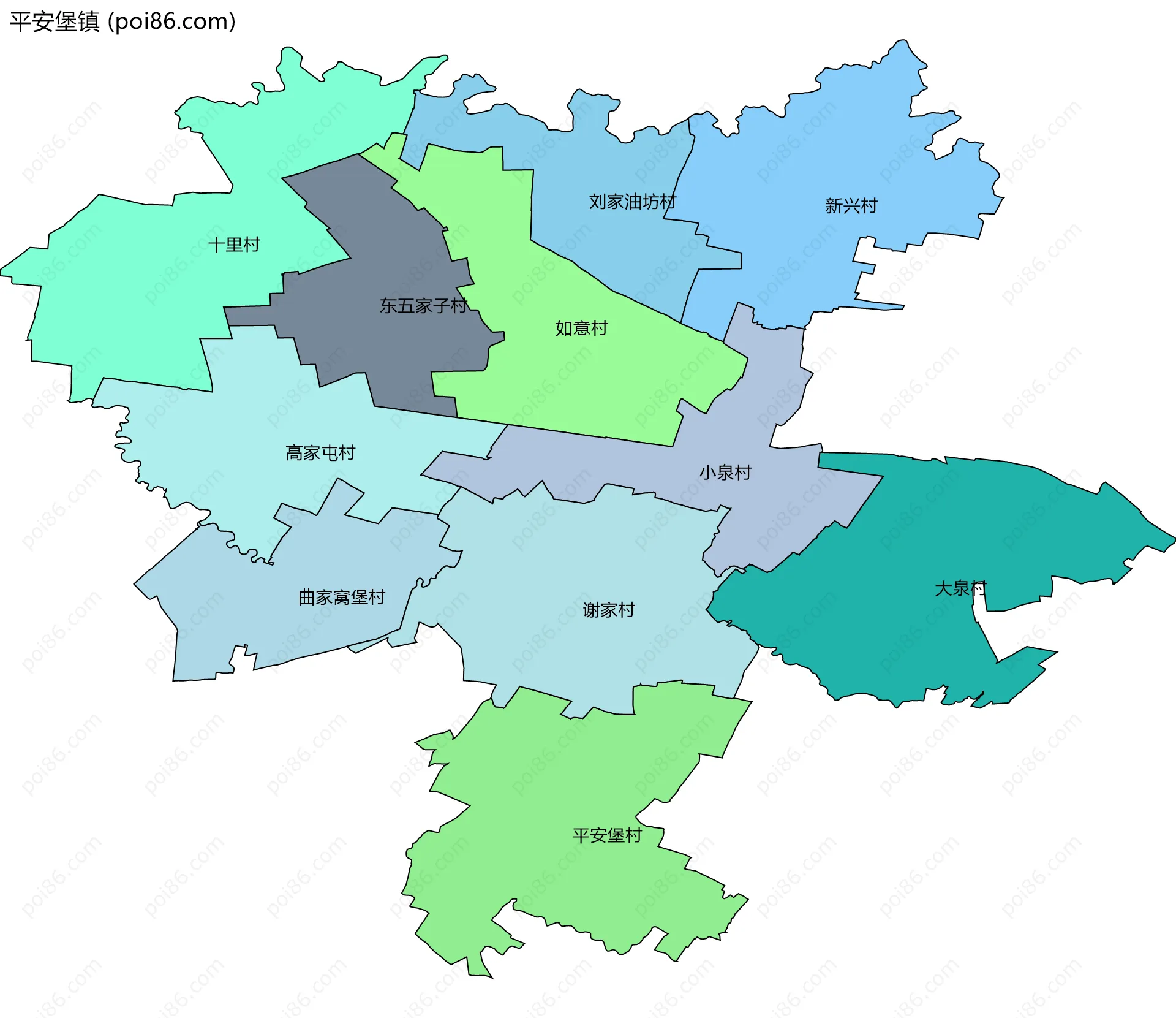 平安堡镇边界地图(五级行政区划)