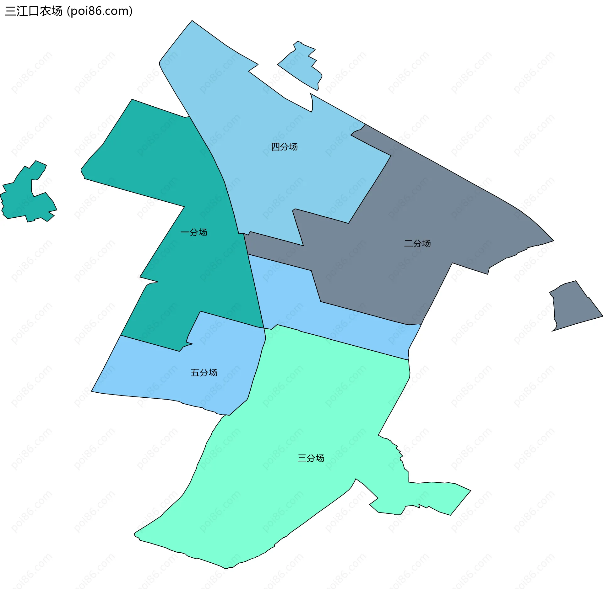 三江口农场边界地图(五级行政区划)
