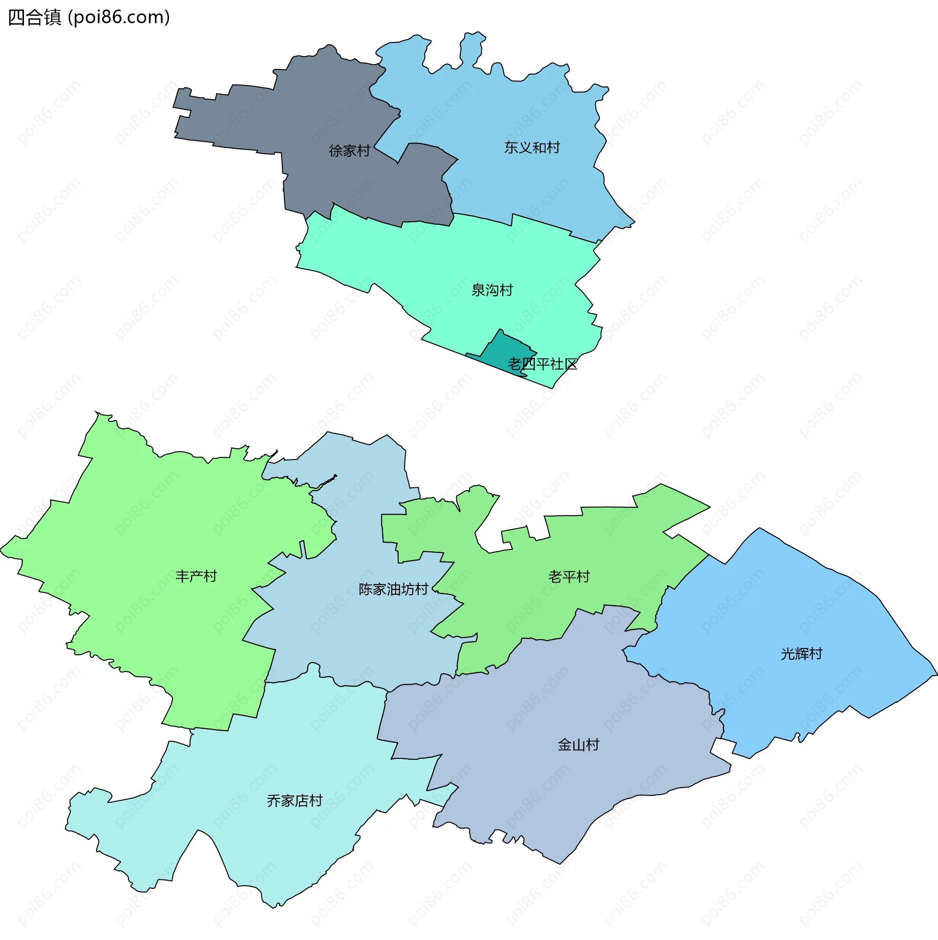 四合镇边界地图(五级行政区划)