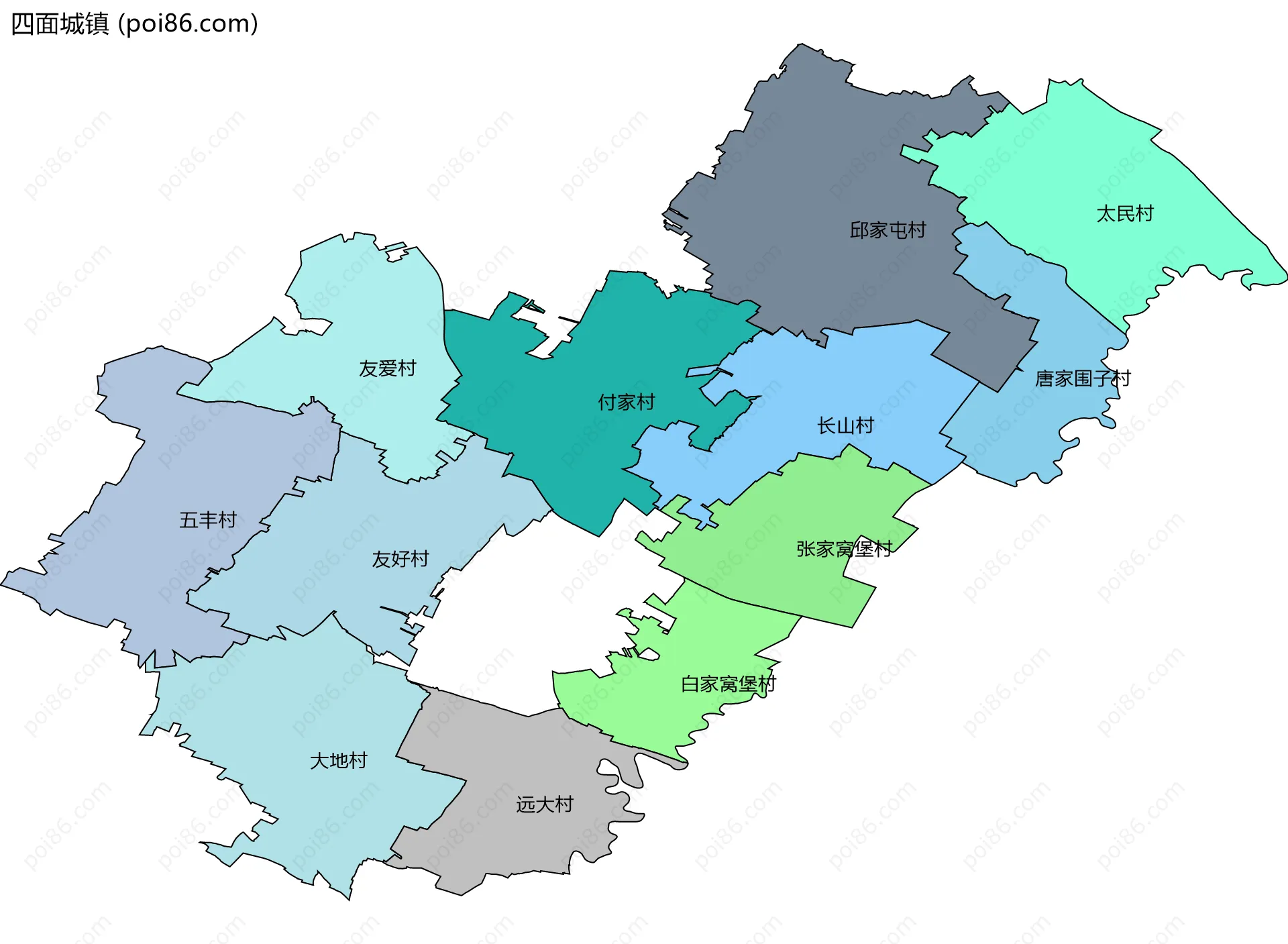 四面城镇边界地图(五级行政区划)