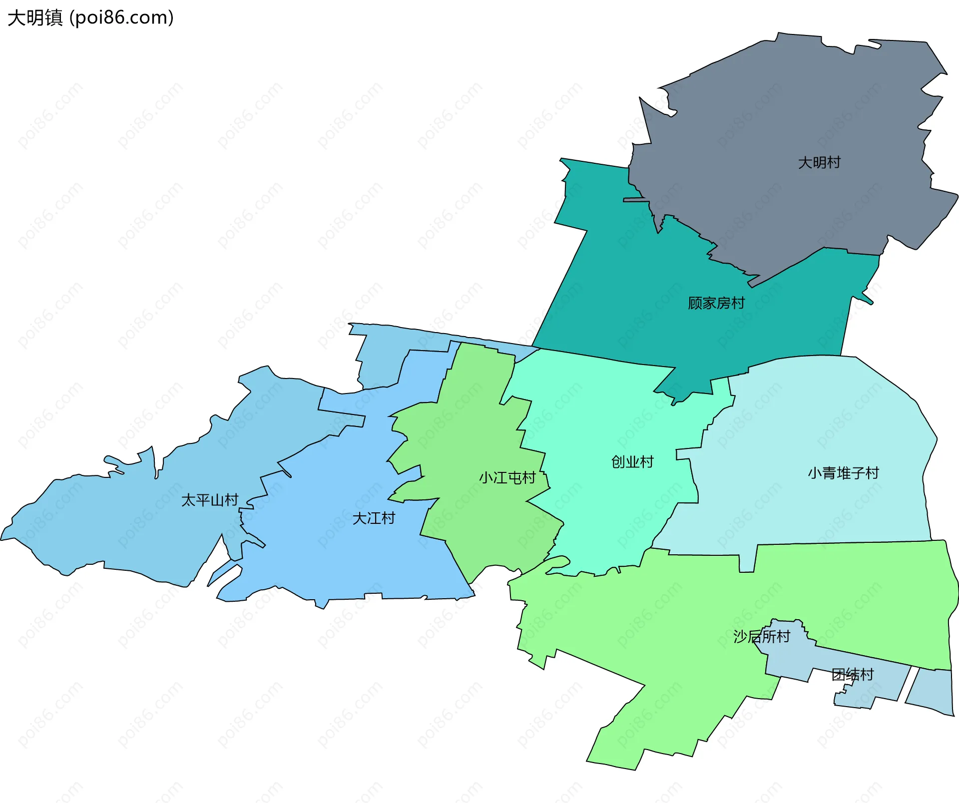 大明镇边界地图(五级行政区划)