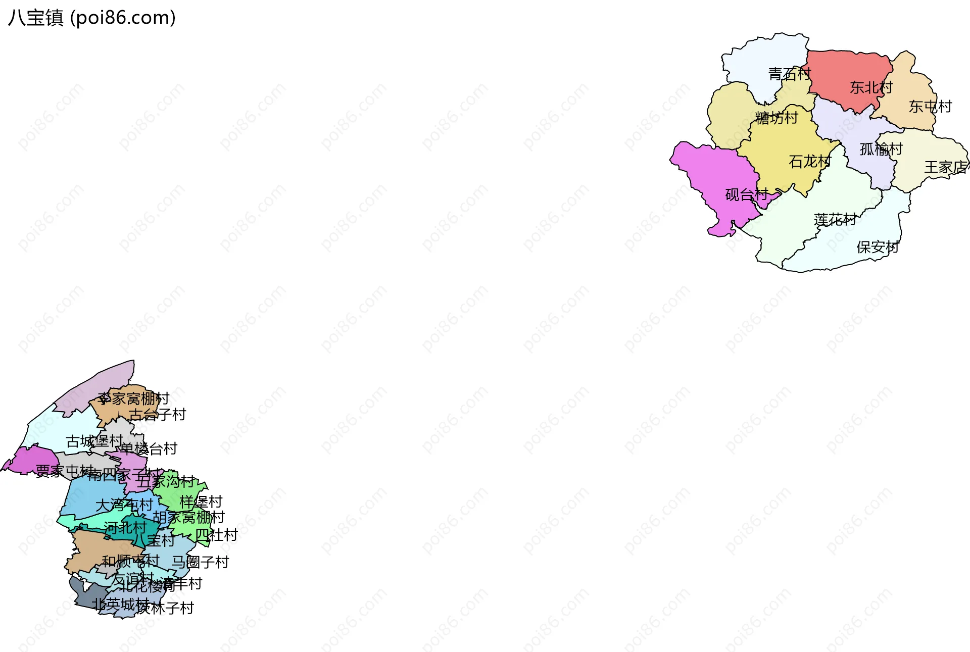 八宝镇边界地图(五级行政区划)