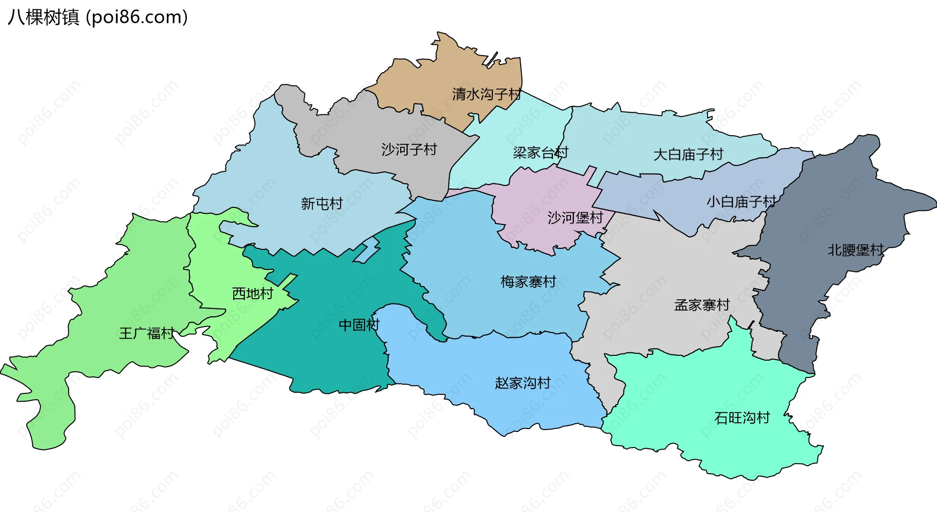 八棵树镇边界地图(五级行政区划)