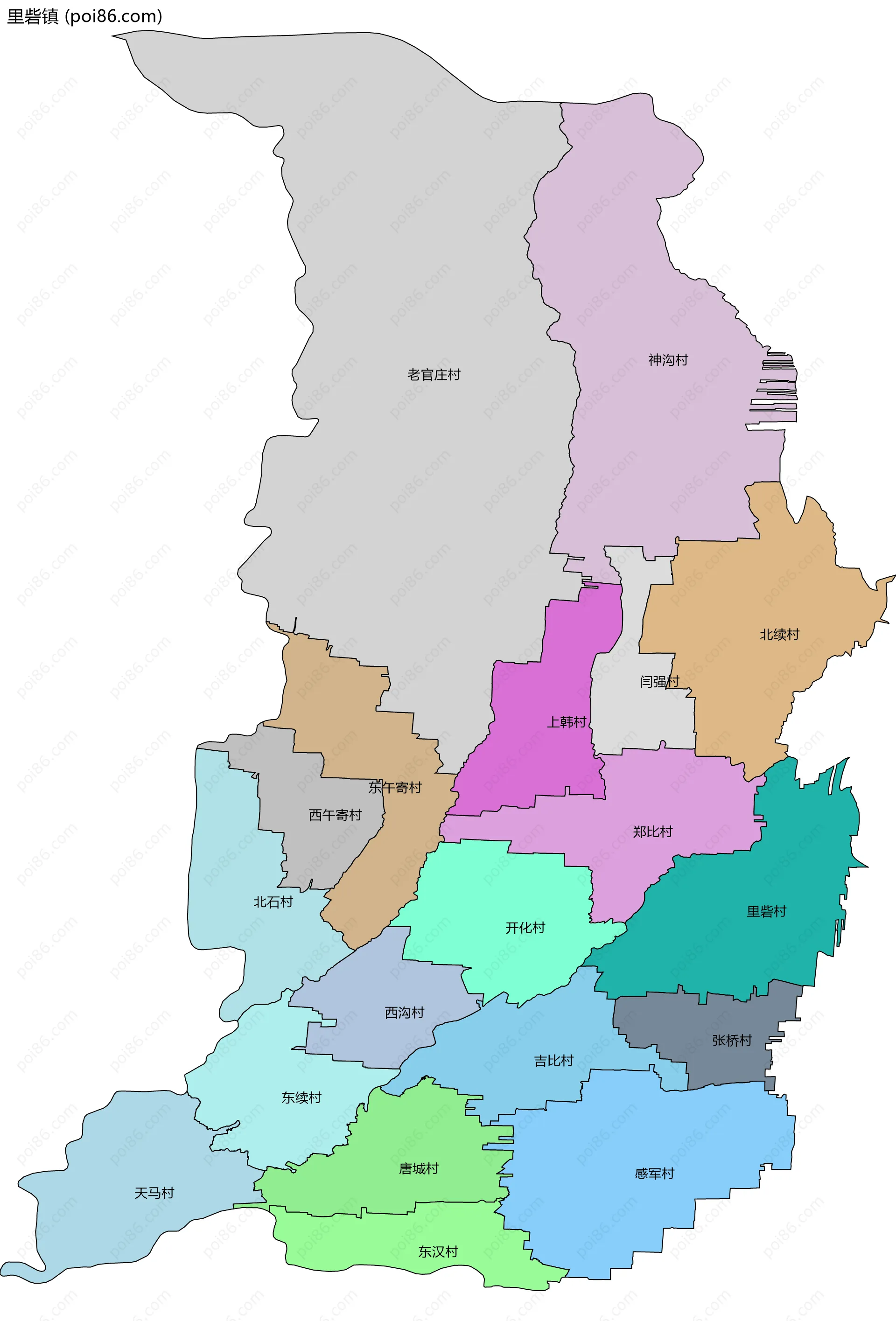 里砦镇边界地图(五级行政区划)