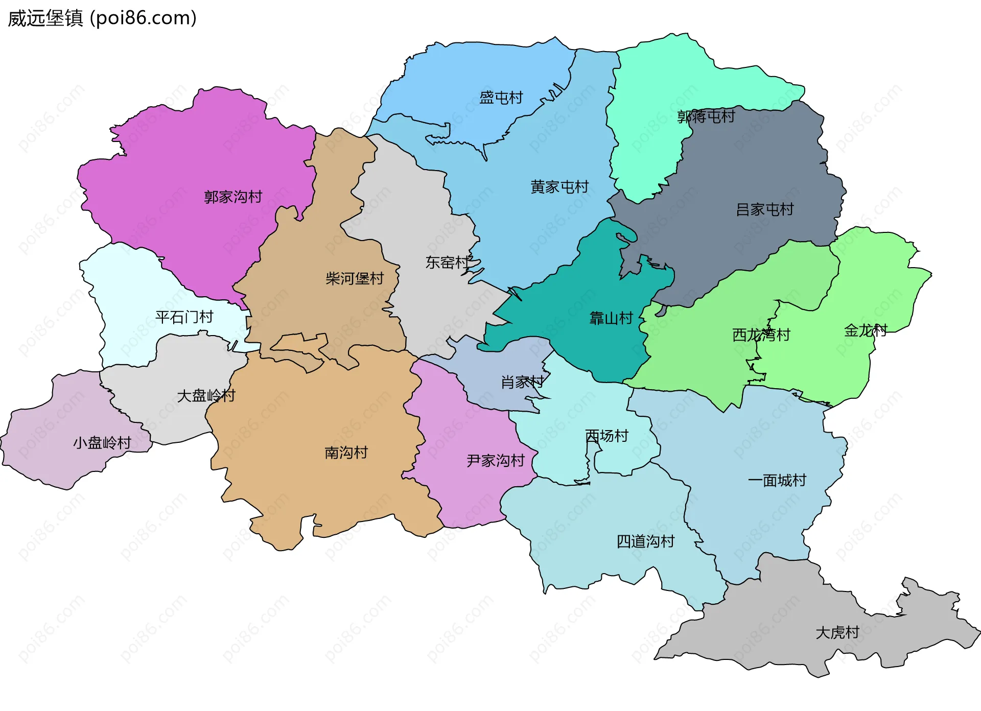 威远堡镇边界地图(五级行政区划)