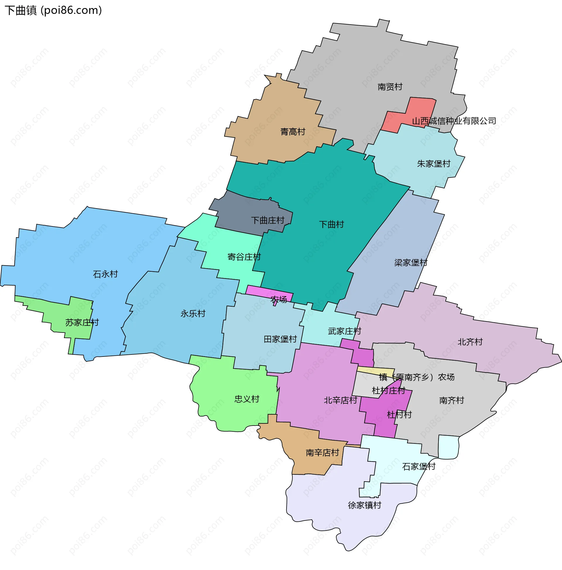 下曲镇边界地图(五级行政区划)