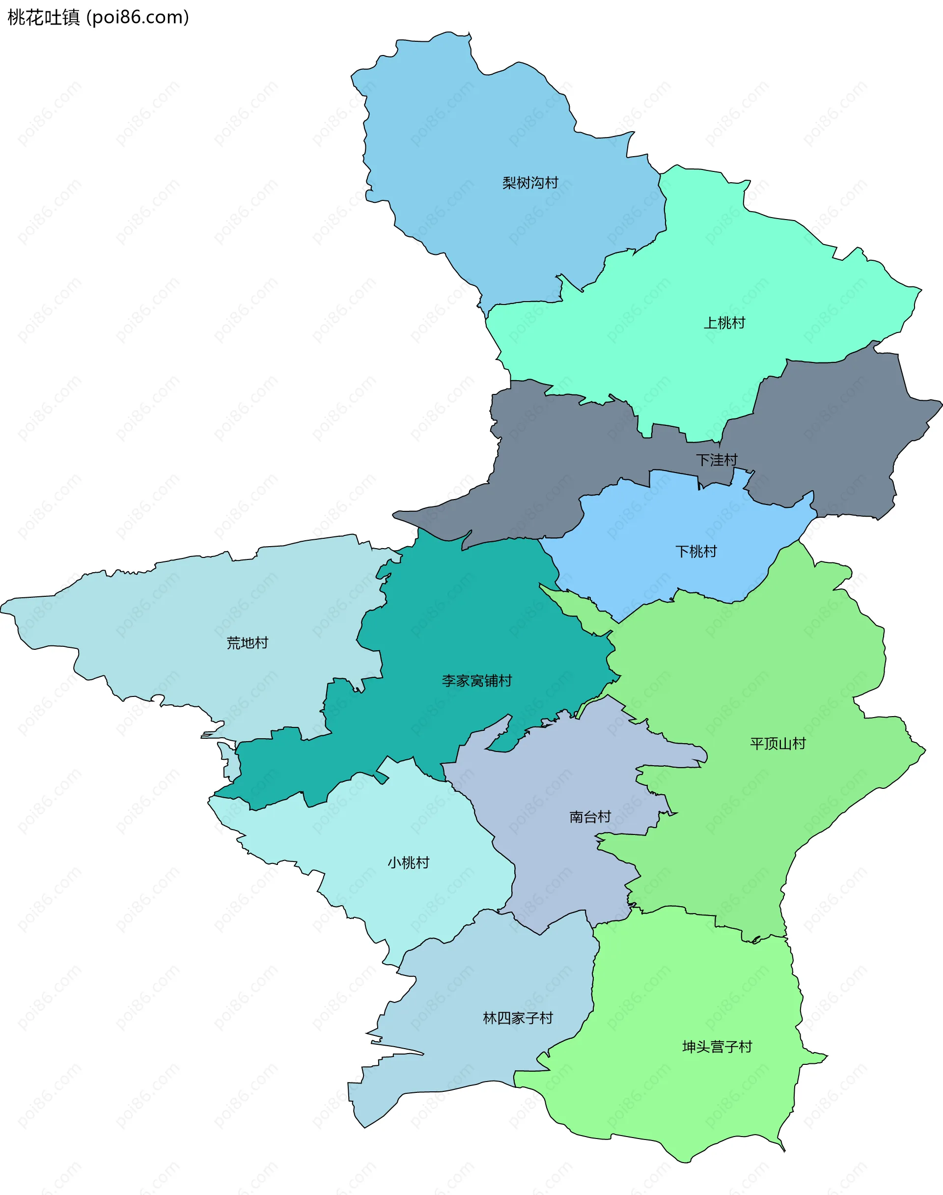 桃花吐镇边界地图(五级行政区划)