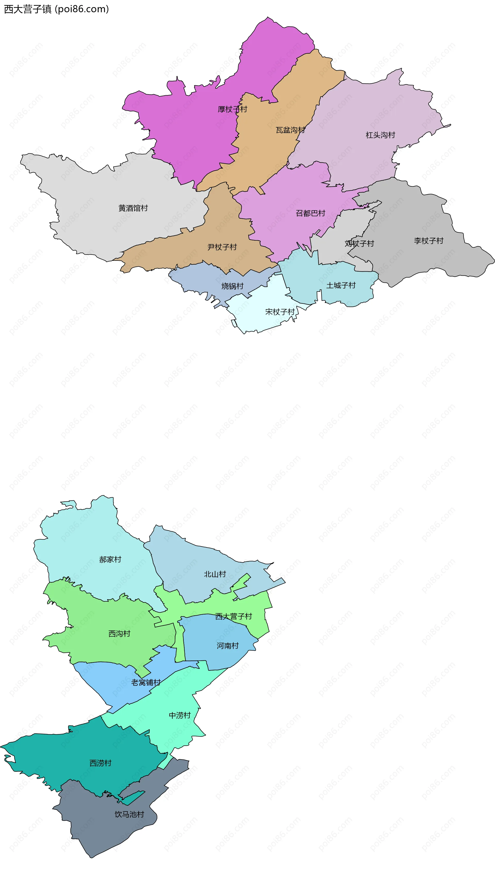 西大营子镇边界地图(五级行政区划)