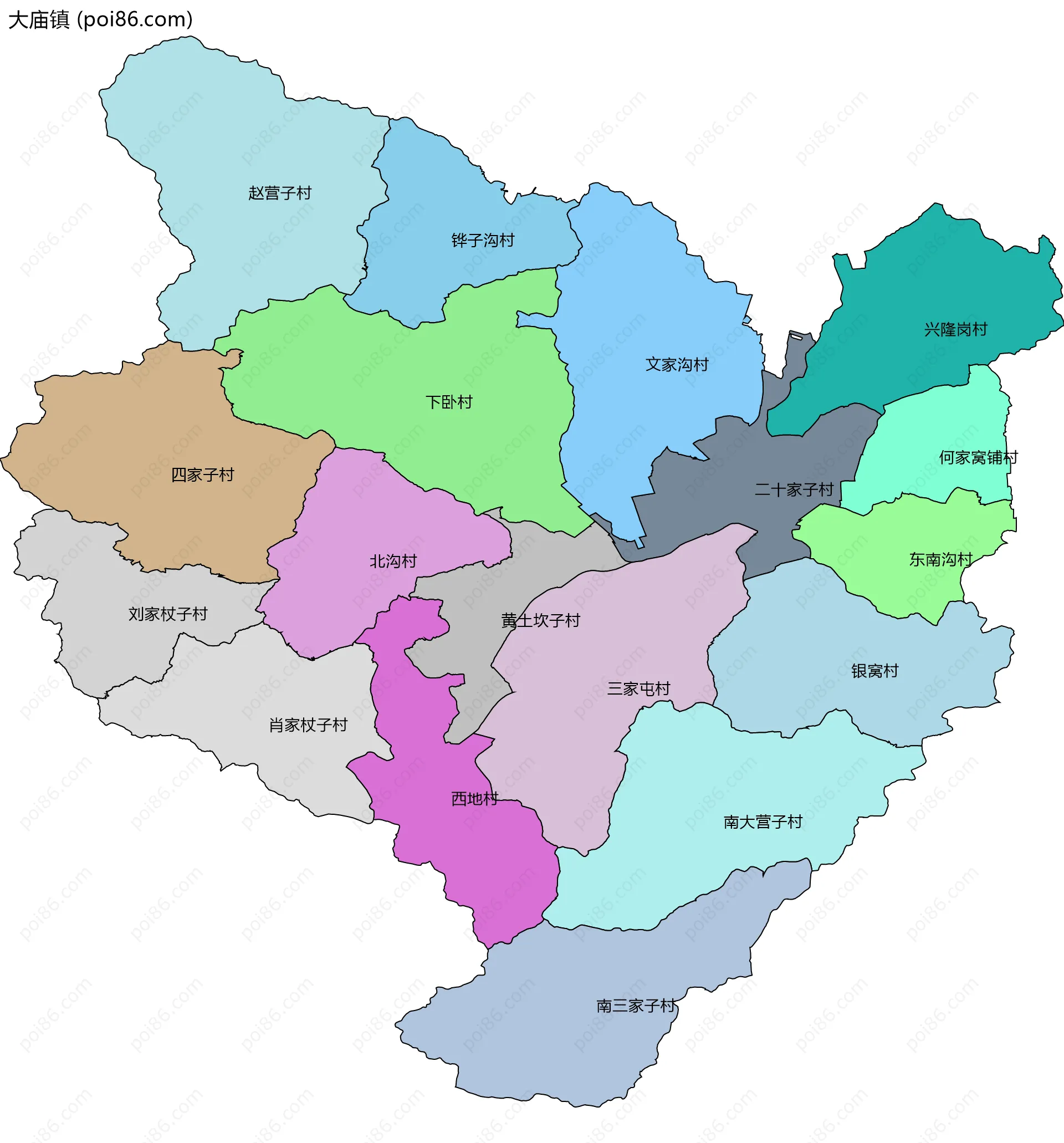 大庙镇边界地图(五级行政区划)