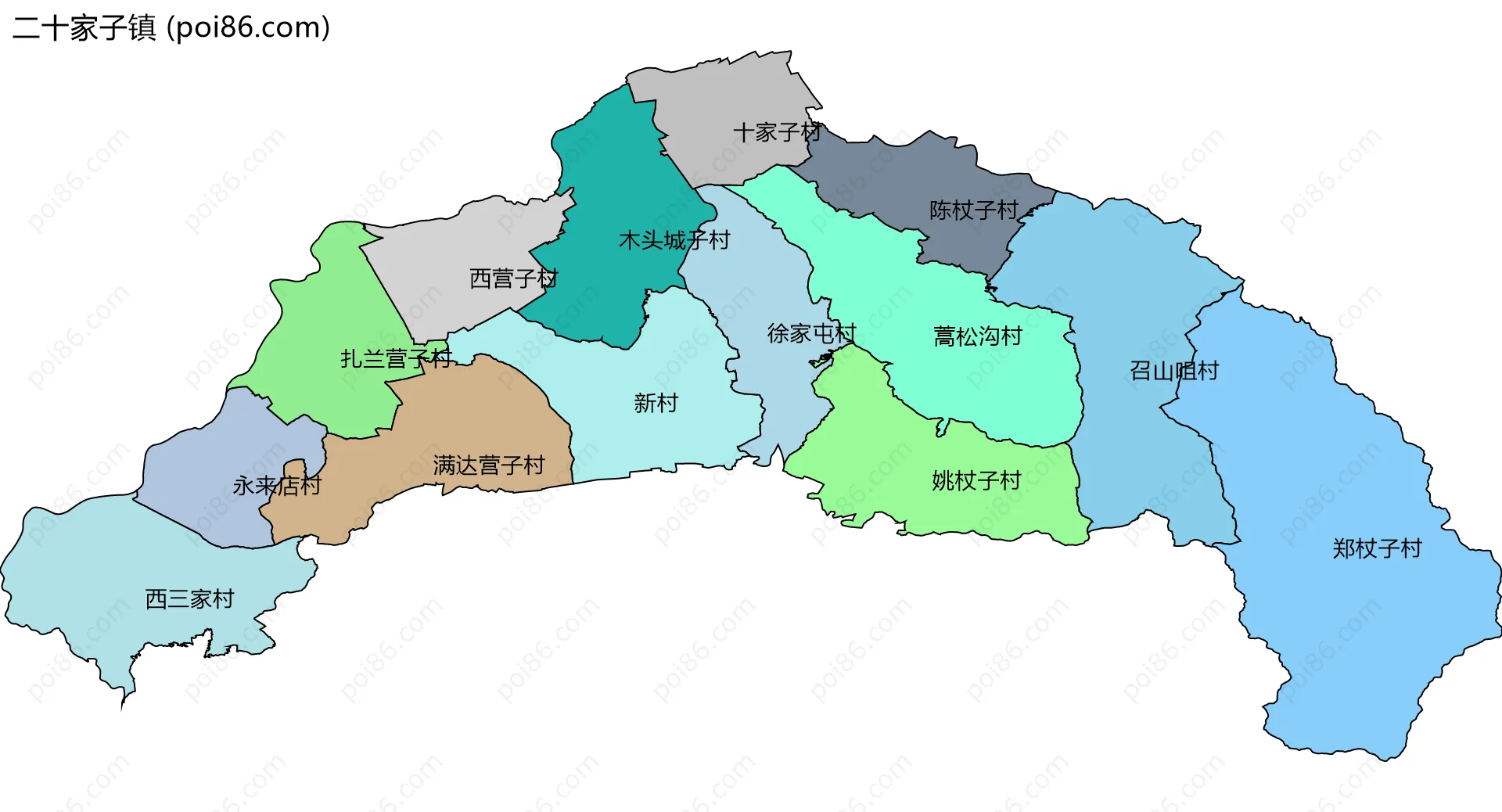二十家子镇边界地图(五级行政区划)