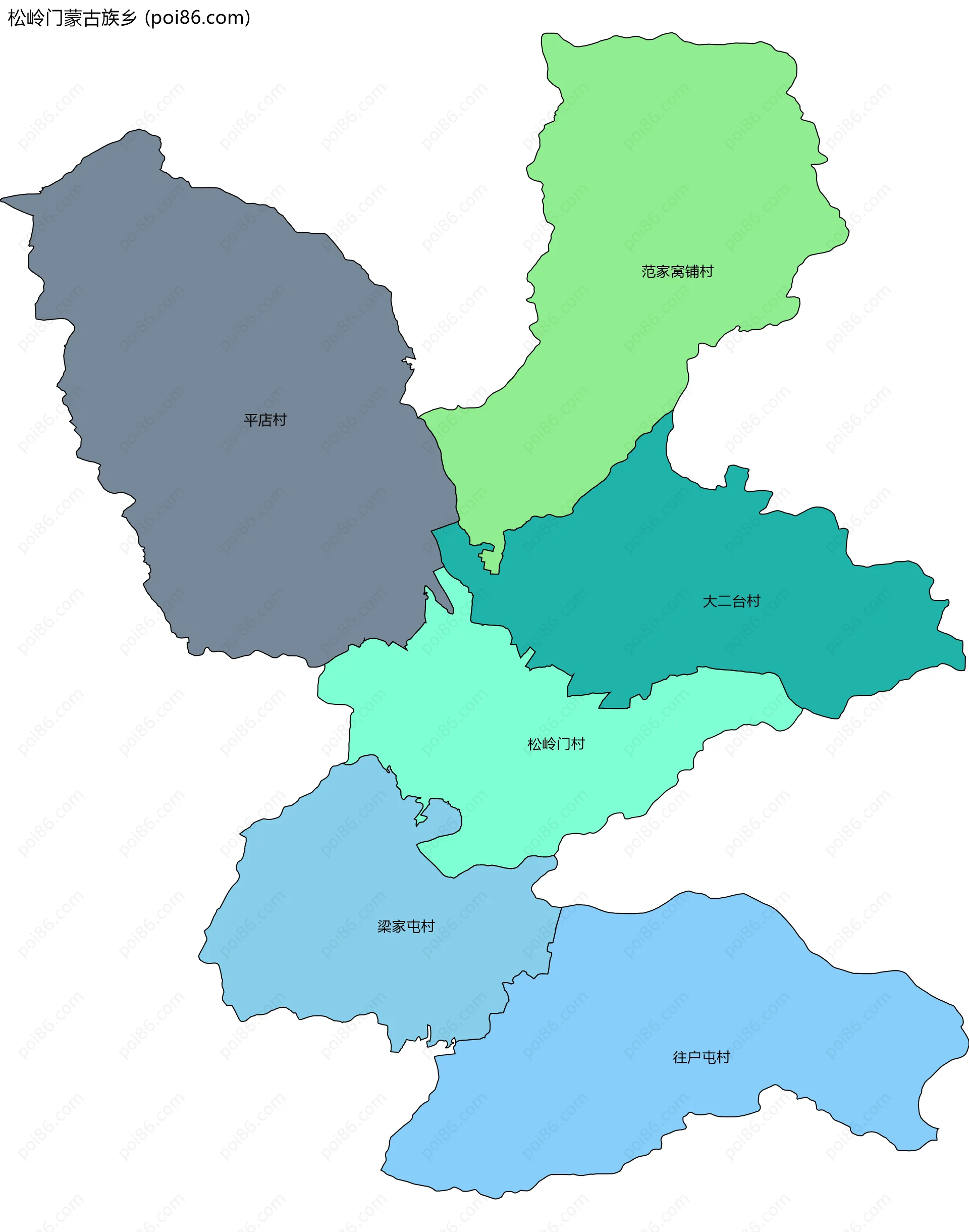 松岭门蒙古族乡边界地图(五级行政区划)