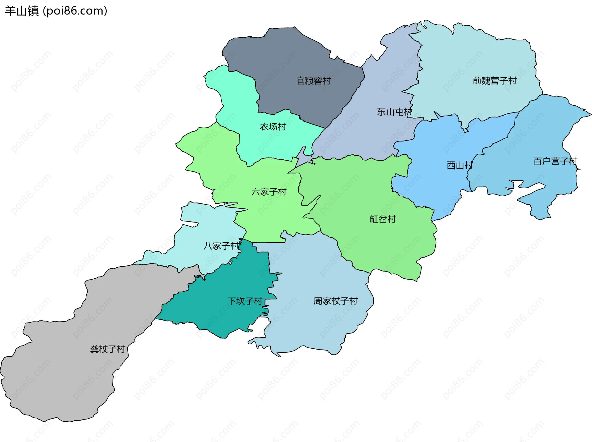 羊山镇边界地图(五级行政区划)