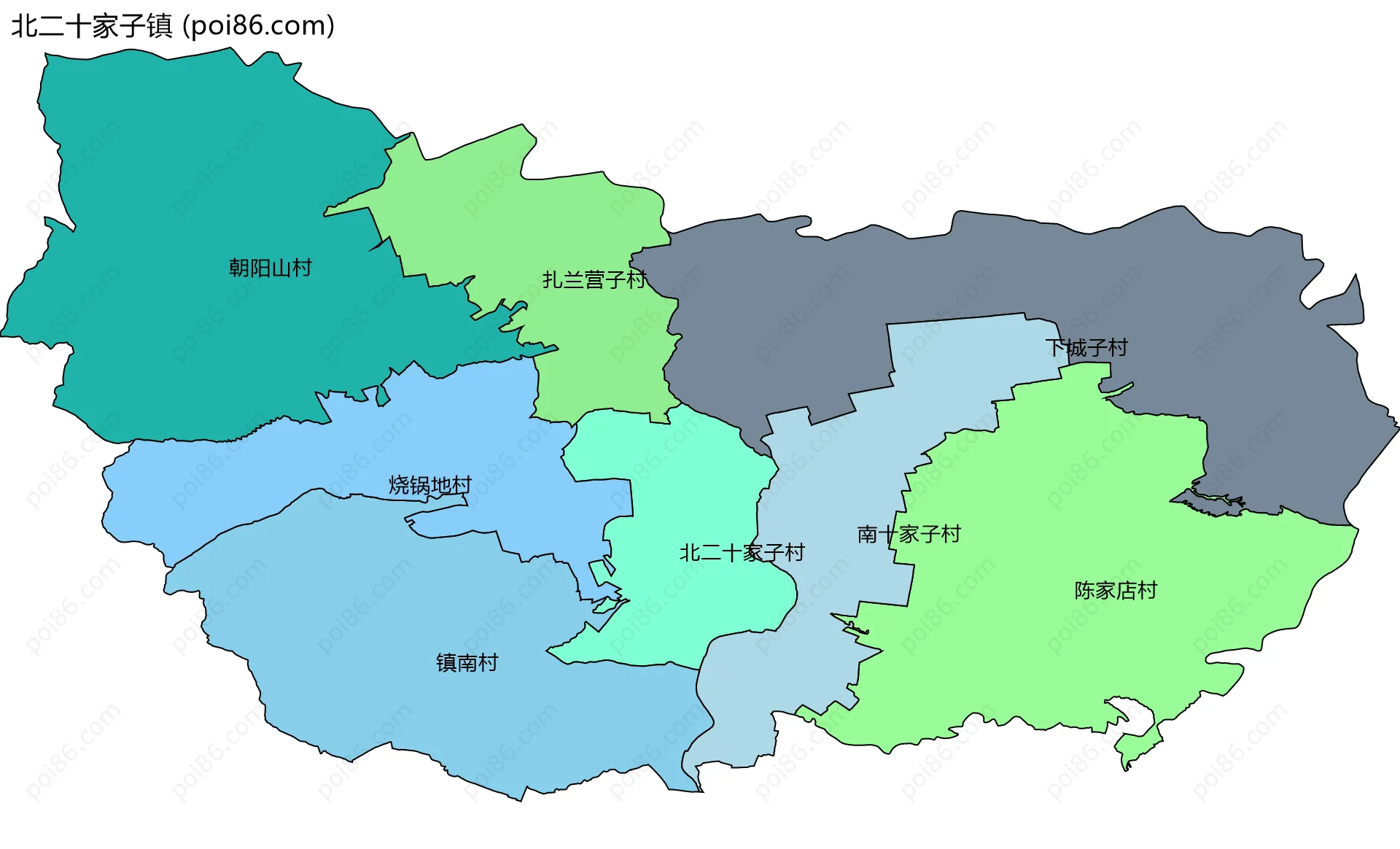 北二十家子镇边界地图(五级行政区划)