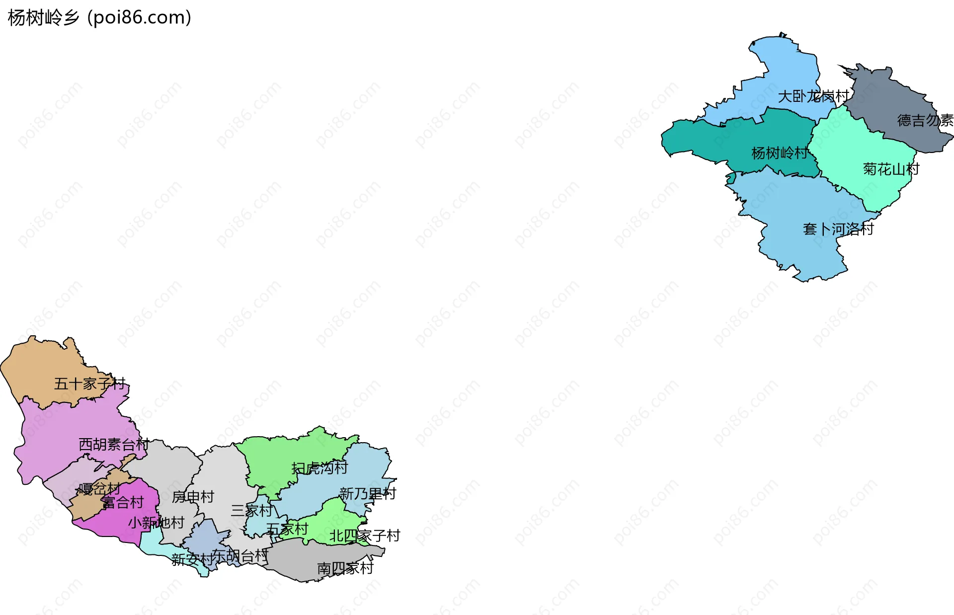 杨树岭乡边界地图(五级行政区划)