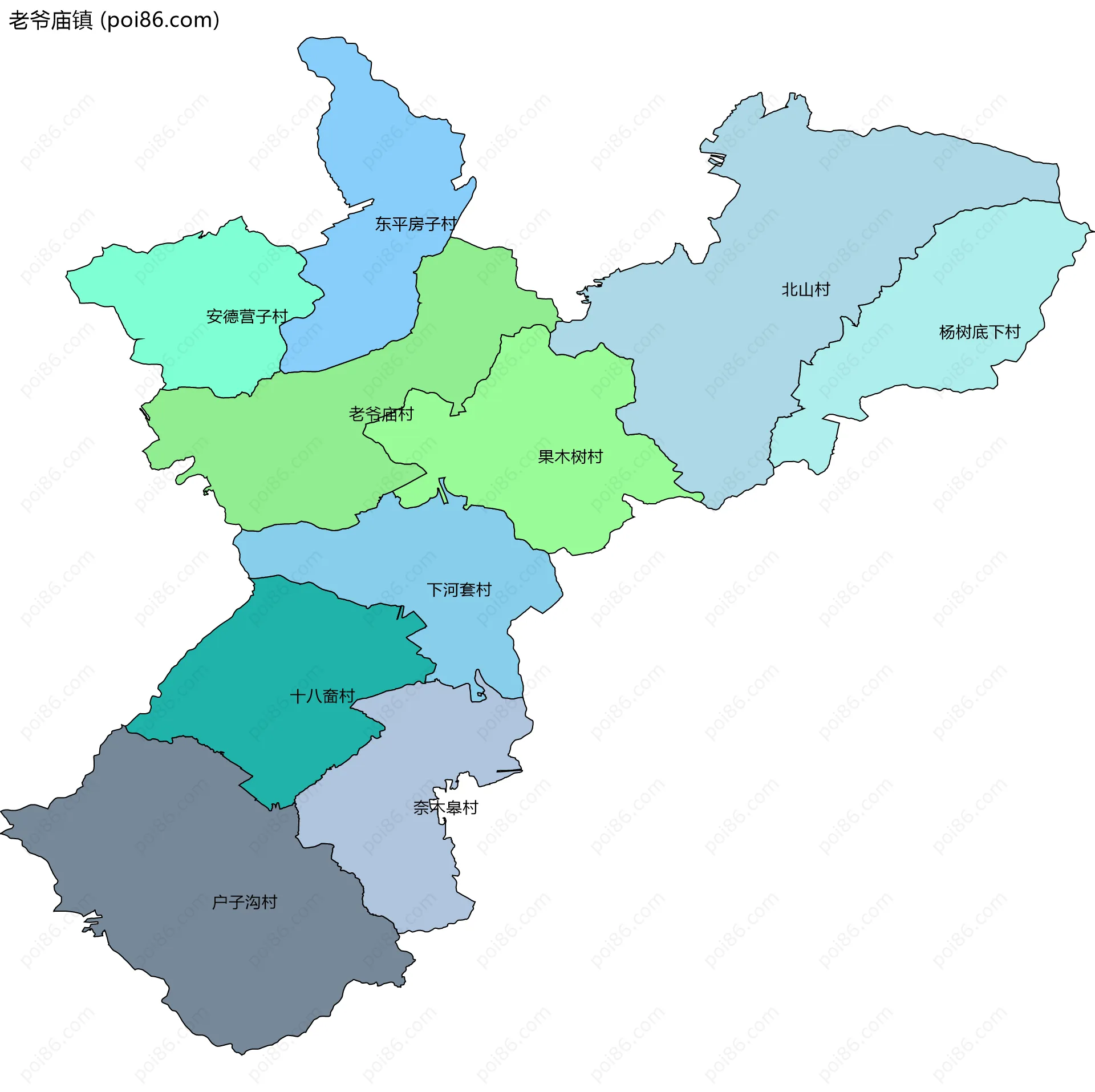 老爷庙镇边界地图(五级行政区划)