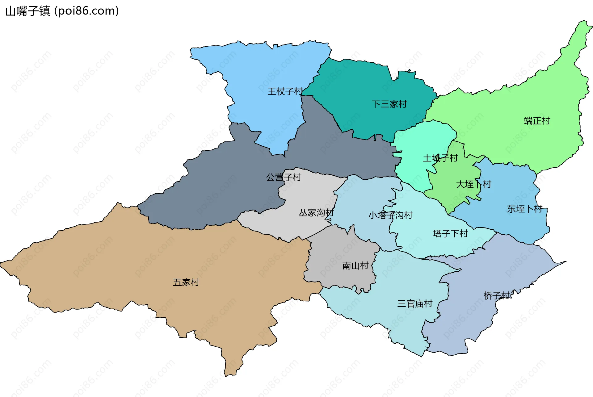 山嘴子镇边界地图(五级行政区划)