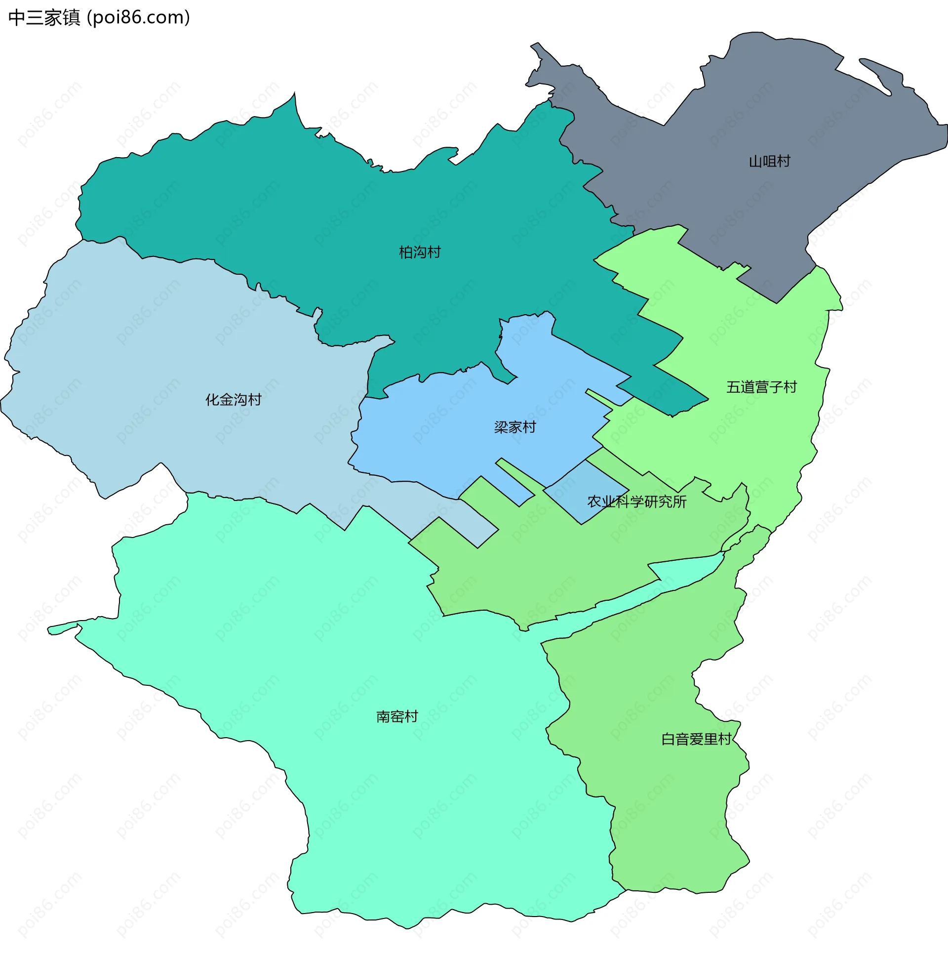 中三家镇边界地图(五级行政区划)