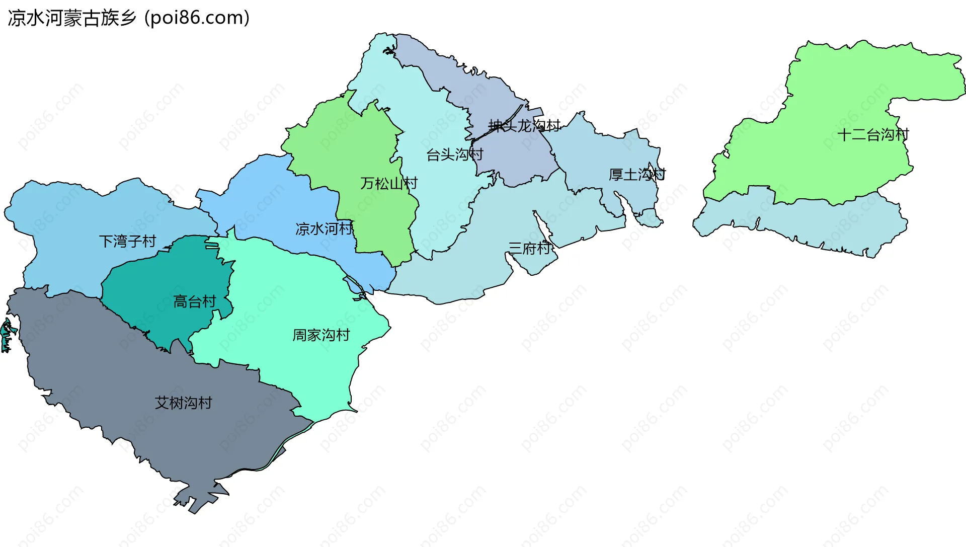 凉水河蒙古族乡边界地图(五级行政区划)
