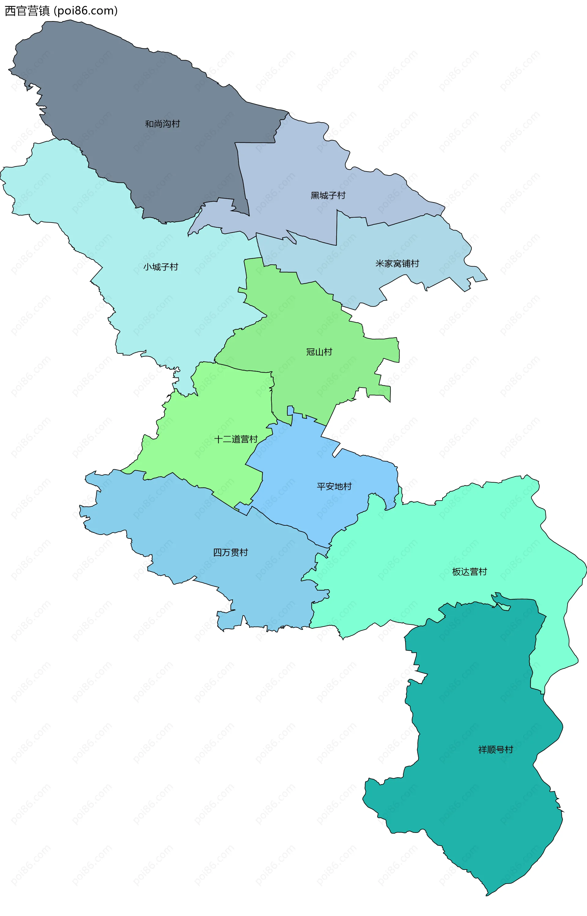 西官营镇边界地图(五级行政区划)