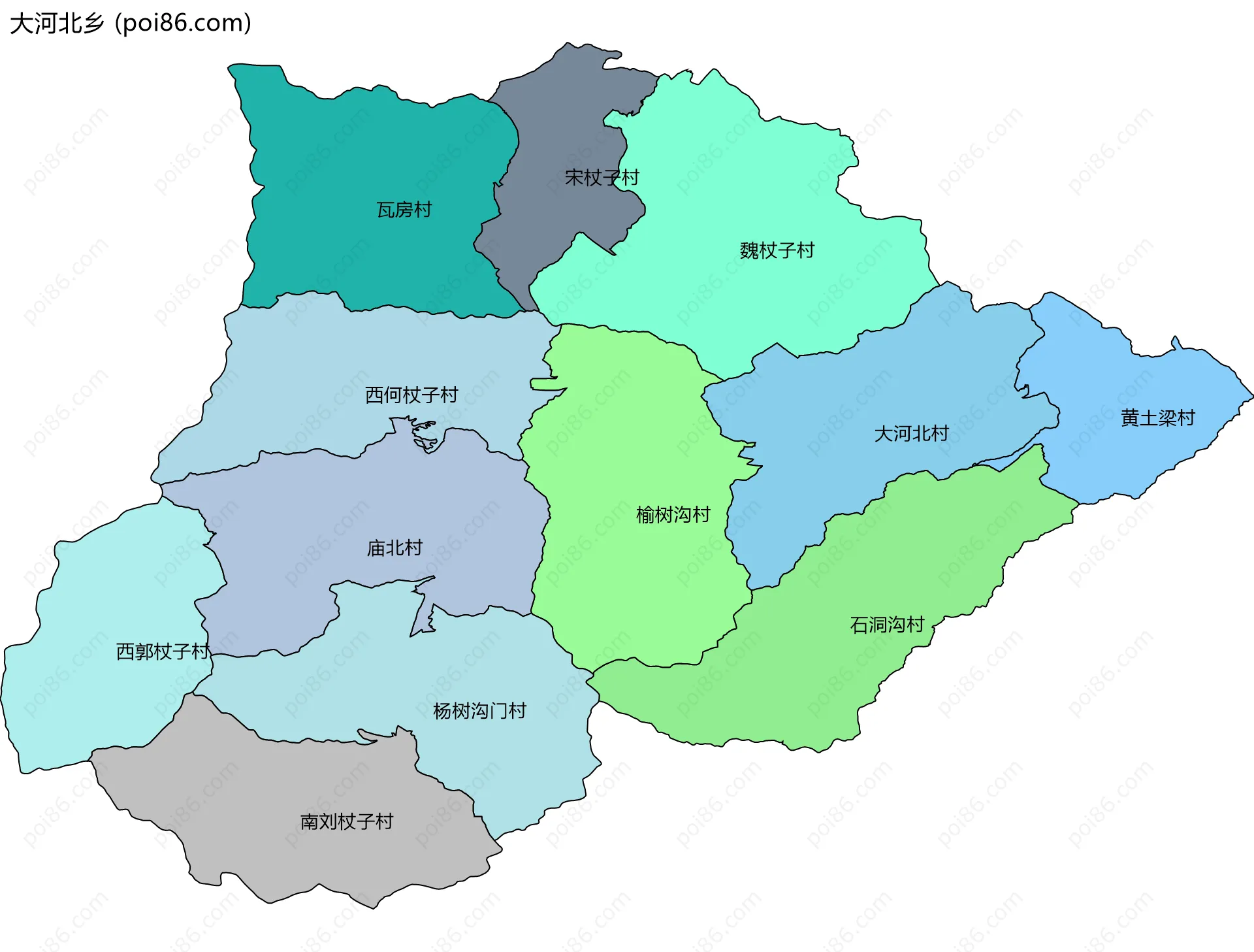 大河北乡边界地图(五级行政区划)